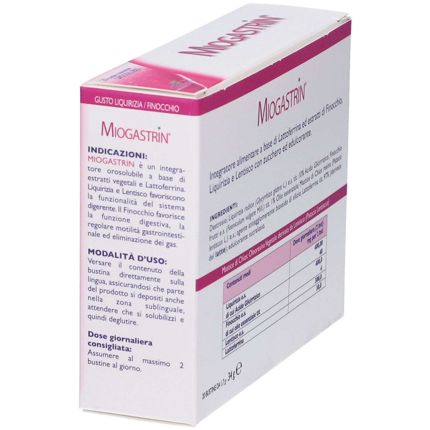 Scatola MIOGASTRIN bianca e rosa. Contiene Lattoferrina, Finocchio, Liquirizia e Lentisco. Modo d'uso e dosaggio.