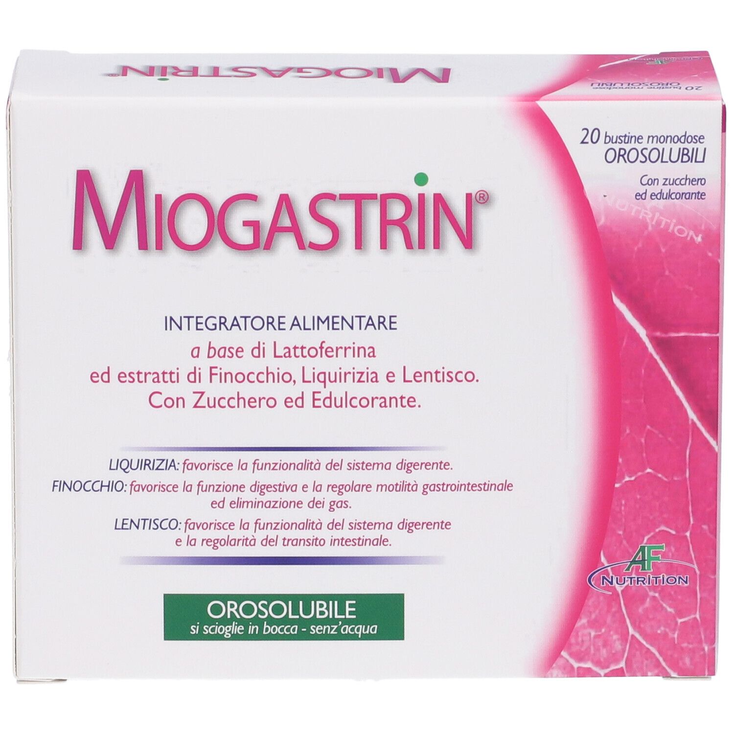 Scatola MIOGASTRIN bianca e rosa. Contiene Lattoferrina, Finocchio, Liquirizia e Lentisco. 20 bustine orosolubili.