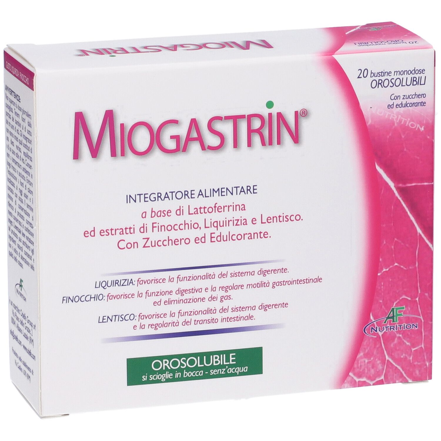 Scatola MIOGASTRIN bianca e rosa. Contiene Lattoferrina, Finocchio, Liquirizia e Lentisco. 20 bustine orosolubili.