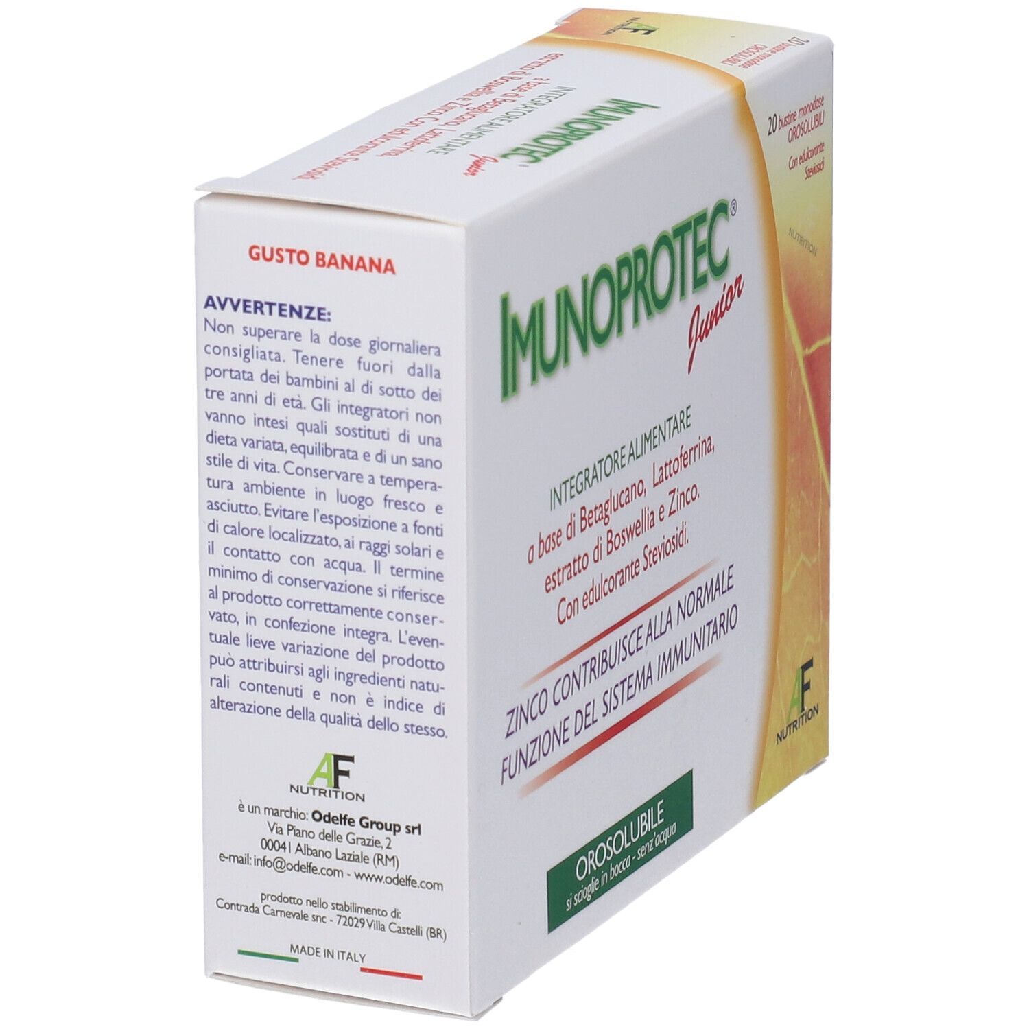 Scatola di IMUNOPROTEC Junior. Testo: Gusto Banana, Avvertenze, Orosolubile. Marchio AF Nutrition.