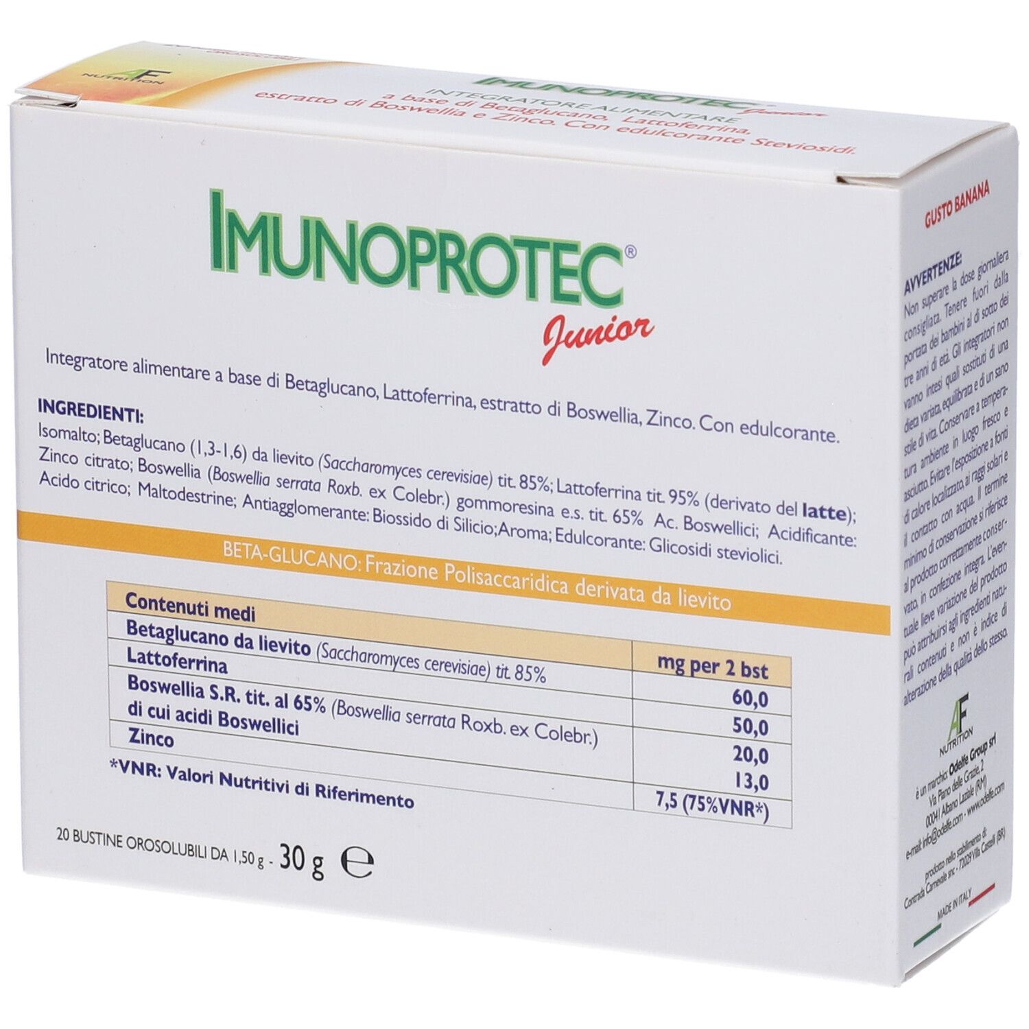 Scatola di IMUNOPROTEC Junior. Testo: Ingredienti, 20 bustine orosolubili, 30g. Marchio AF Nutrition.