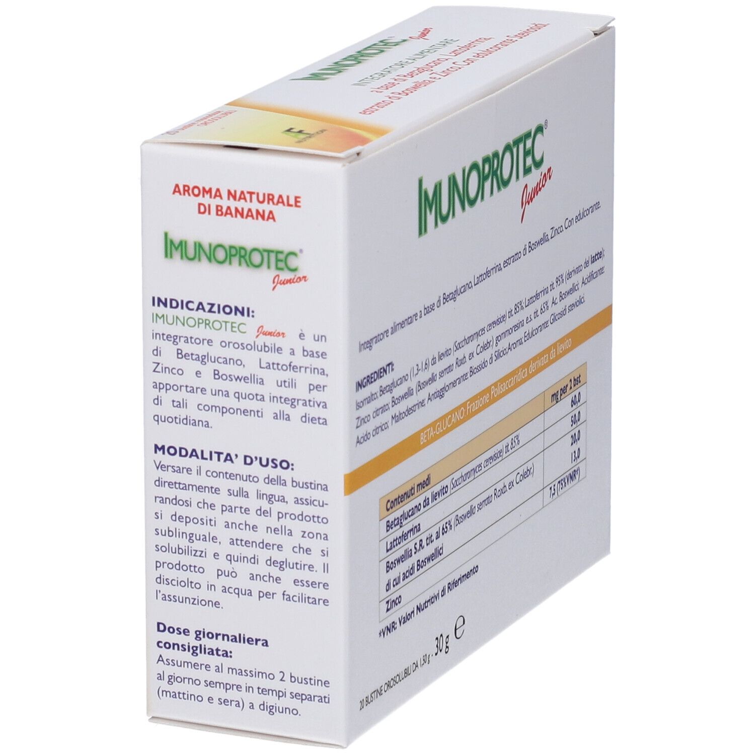 Scatola di IMUNOPROTEC Junior. Testo: Aroma naturale di banana, Indicazioni, 30g. Marchio AF Nutrition.
