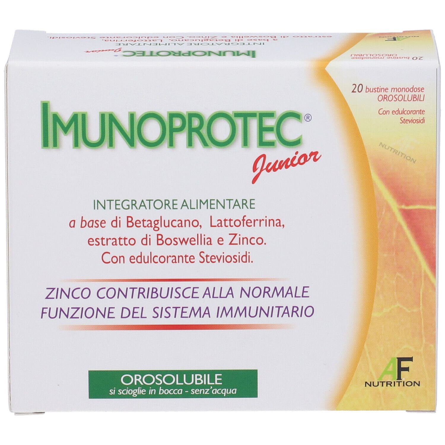 Scatola di IMUNOPROTEC Junior. Contiene 20 bustine. Testo: Integratore alimentare, Orosolubile, Zinco.