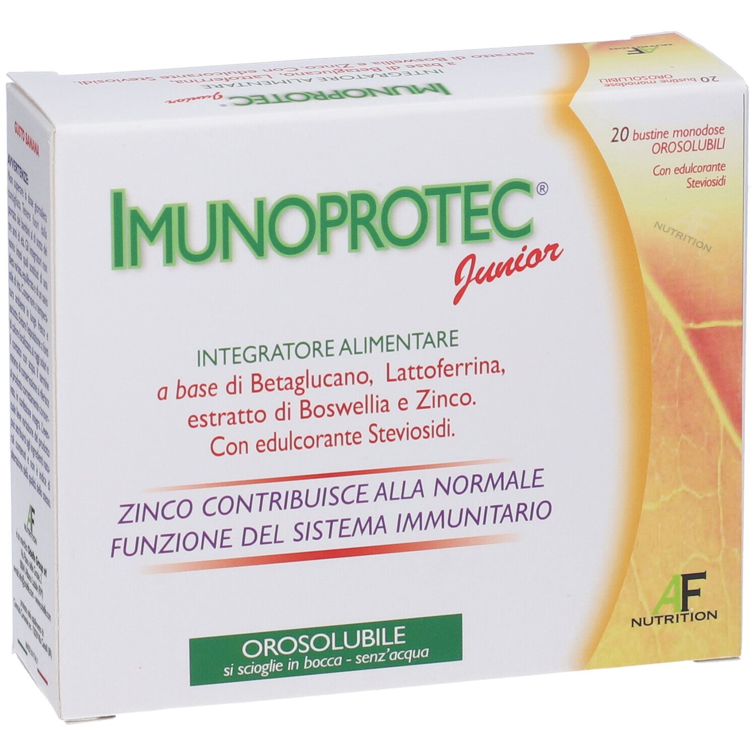 Scatola di IMUNOPROTEC Junior. Contiene 20 bustine. Testo: Integratore alimentare, Orosolubile, Zinco.