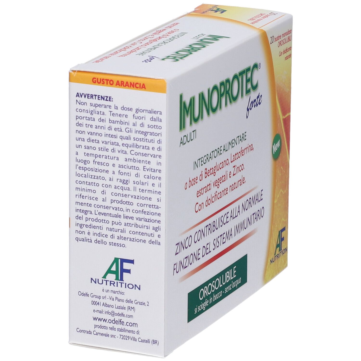 Scatola IMUNOPROTECT forte ADULTI. Testo: Gusto Arancia, avvertenze. Logo AF Nutrition. 20 bustine. Pagina con ingredienti.