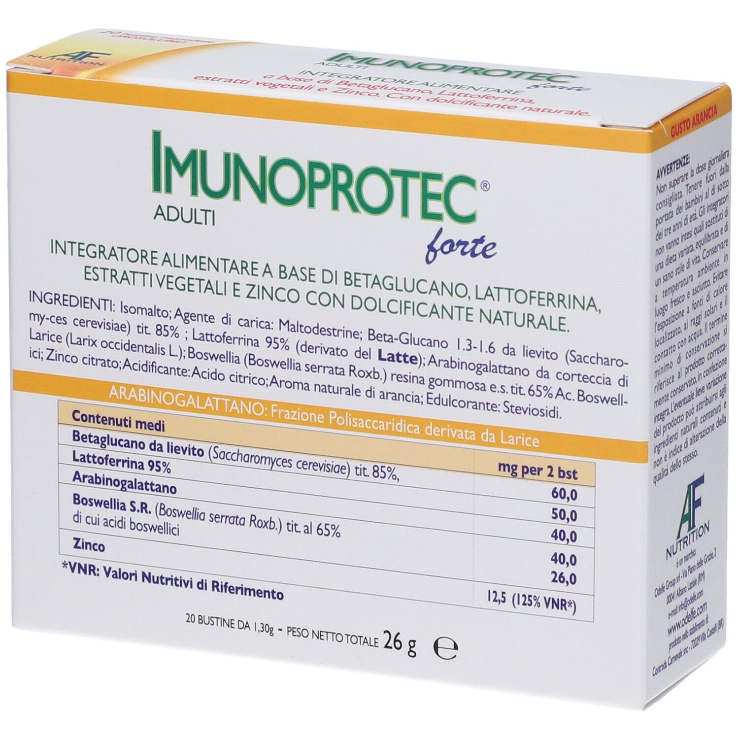 Scatola IMUNOPROTECT forte ADULTI. Contiene 20 bustine. Testo: Ingredienti, informazioni nutrizionali. Logo AF Nutrition. Peso 26g.