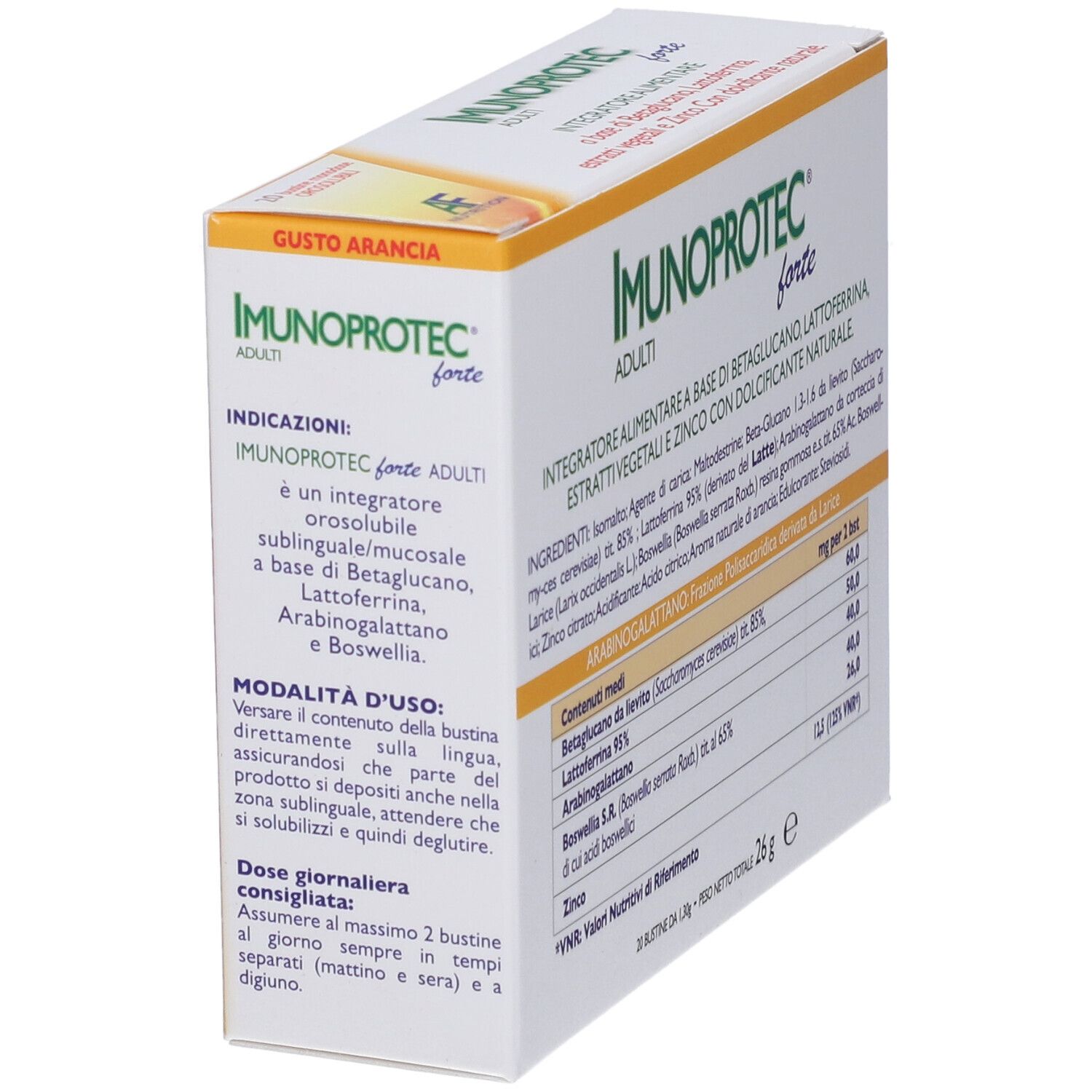 Scatola IMUNOPROTECT forte ADULTI. Testo: Gusto Arancia, modalità d'uso. Logo AF Nutrition. 20 bustine. Peso 26g.