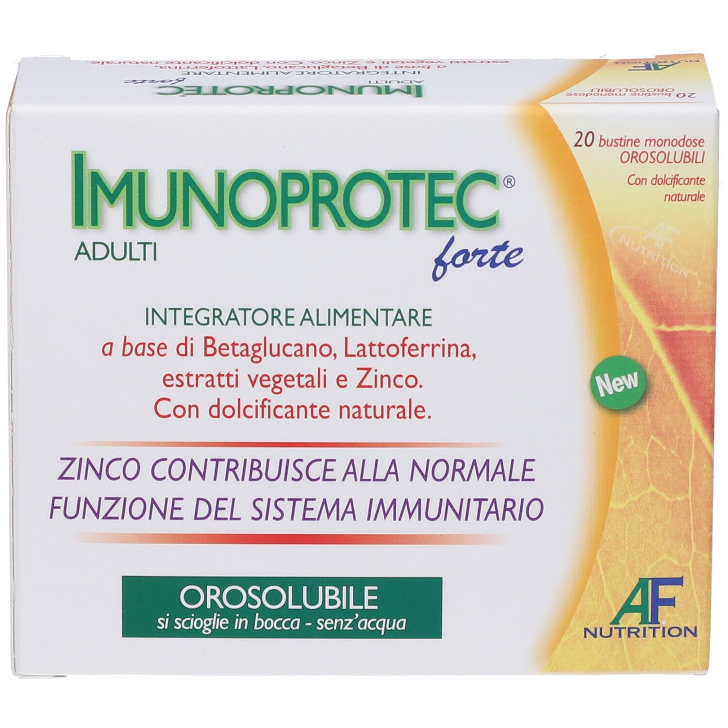 Scatola IMUNOPROTECT forte ADULTI. Contiene 20 bustine. Testo: Integratore alimentare, zinco per il sistema immunitario. Logo AF Nutrition.