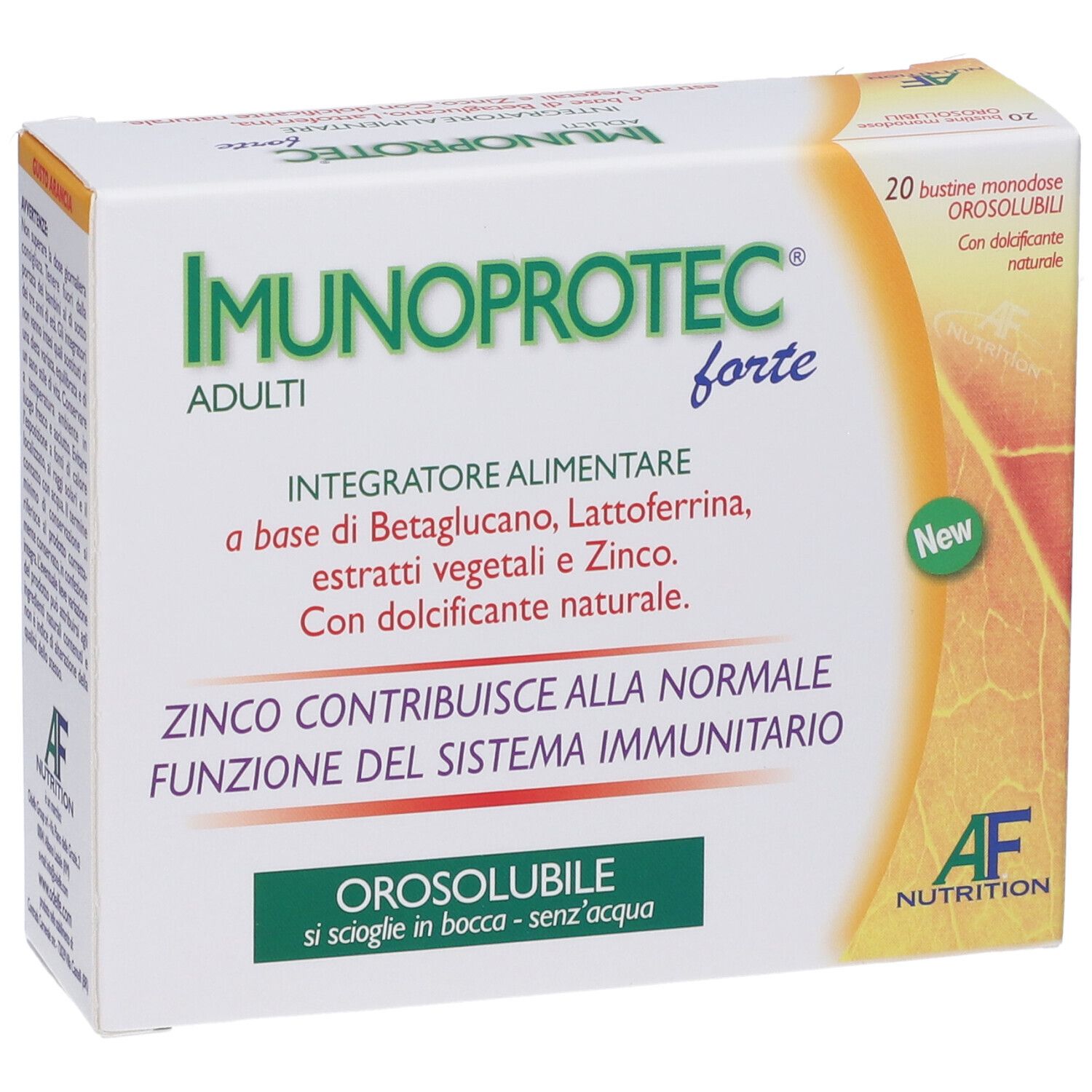 Scatola IMUNOPROTECT forte ADULTI. Contiene 20 bustine. Testo: Integratore alimentare, zinco per il sistema immunitario. Logo AF Nutrition.