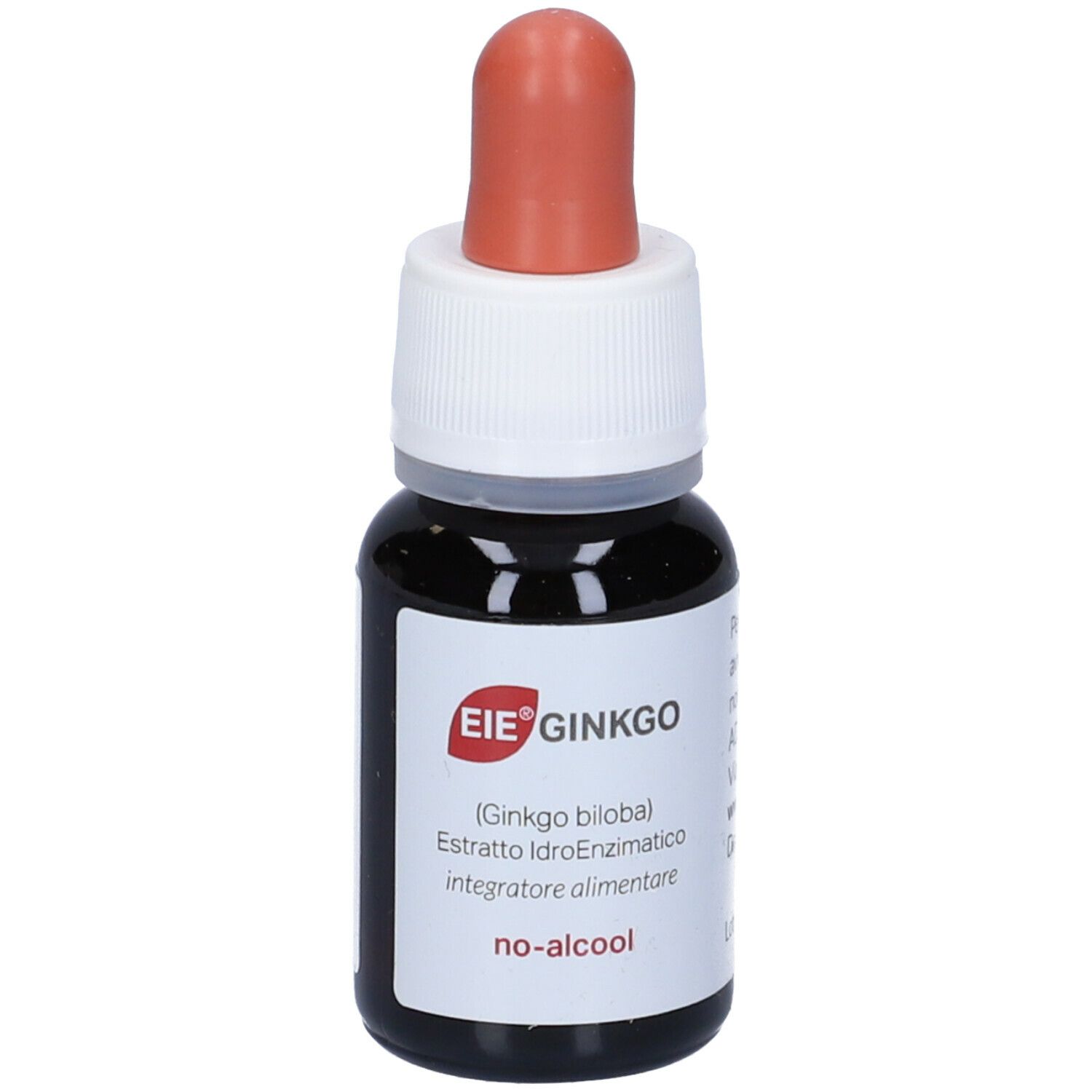 Flacone di vetro marrone con contagocce. Scritto: EIE' GINKGO, Ginkgo biloba, no-alcool. Liquido marrone visibile.