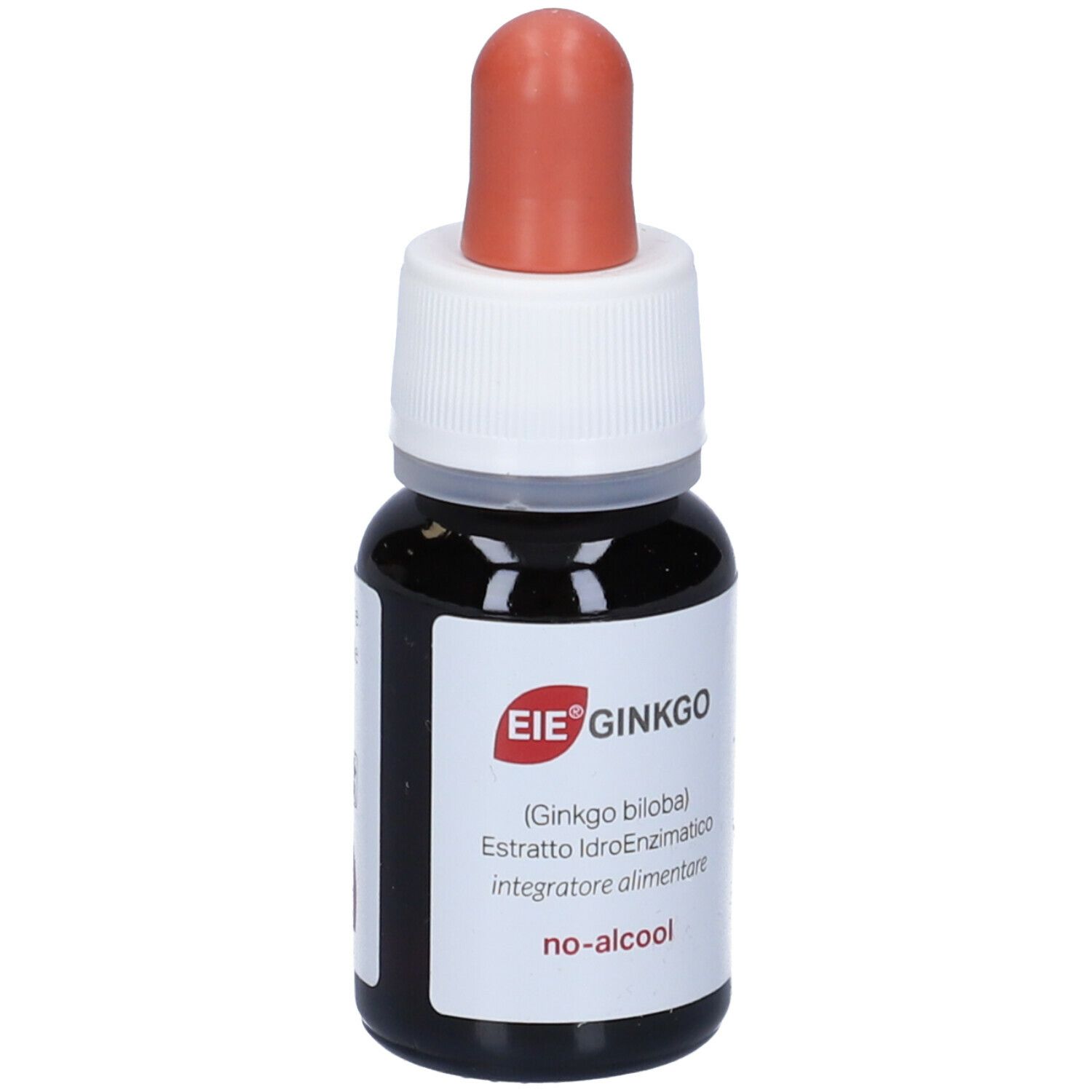 Flacone di vetro marrone con contagocce. Scritto: EIE' GINKGO, Ginkgo biloba, no-alcool. Etichetta con testo.