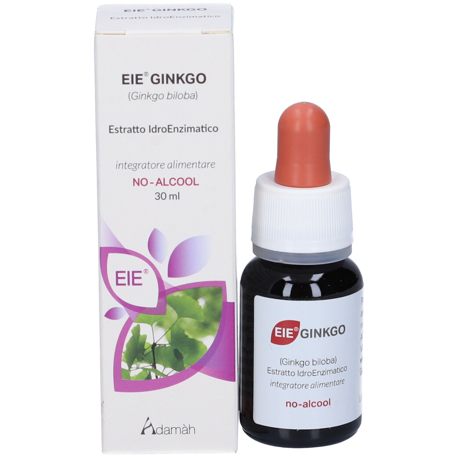 Confezione e flacone. Scritto: EIE' GINKGO, Ginkgo biloba, no-alcool, 30 ml. Flacone contagocce.