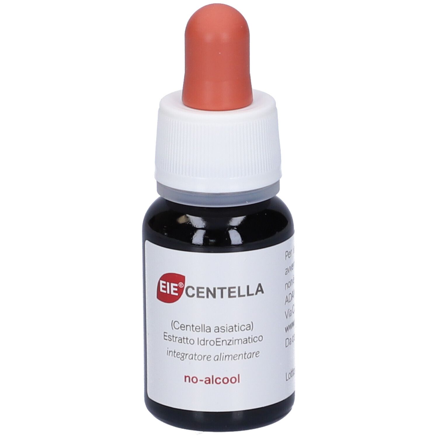 Flacone di vetro marrone con contagocce. Scritto: EIE Centella, (Centella asiatica), no-alcool.