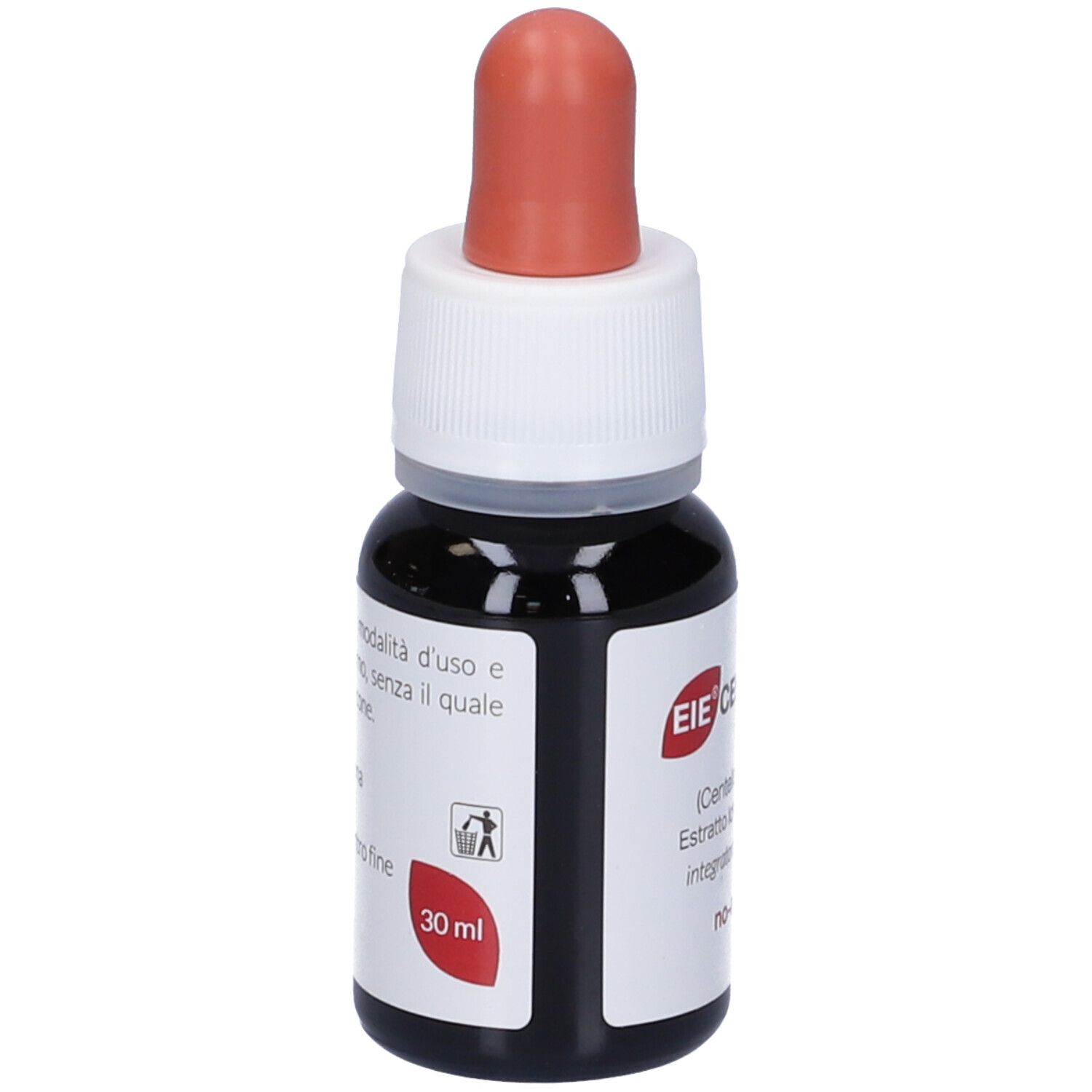 Flacone di vetro marrone con contagocce. Scritto: EIE Centella, (Centella asiatica), no-alcool. 30 ml.