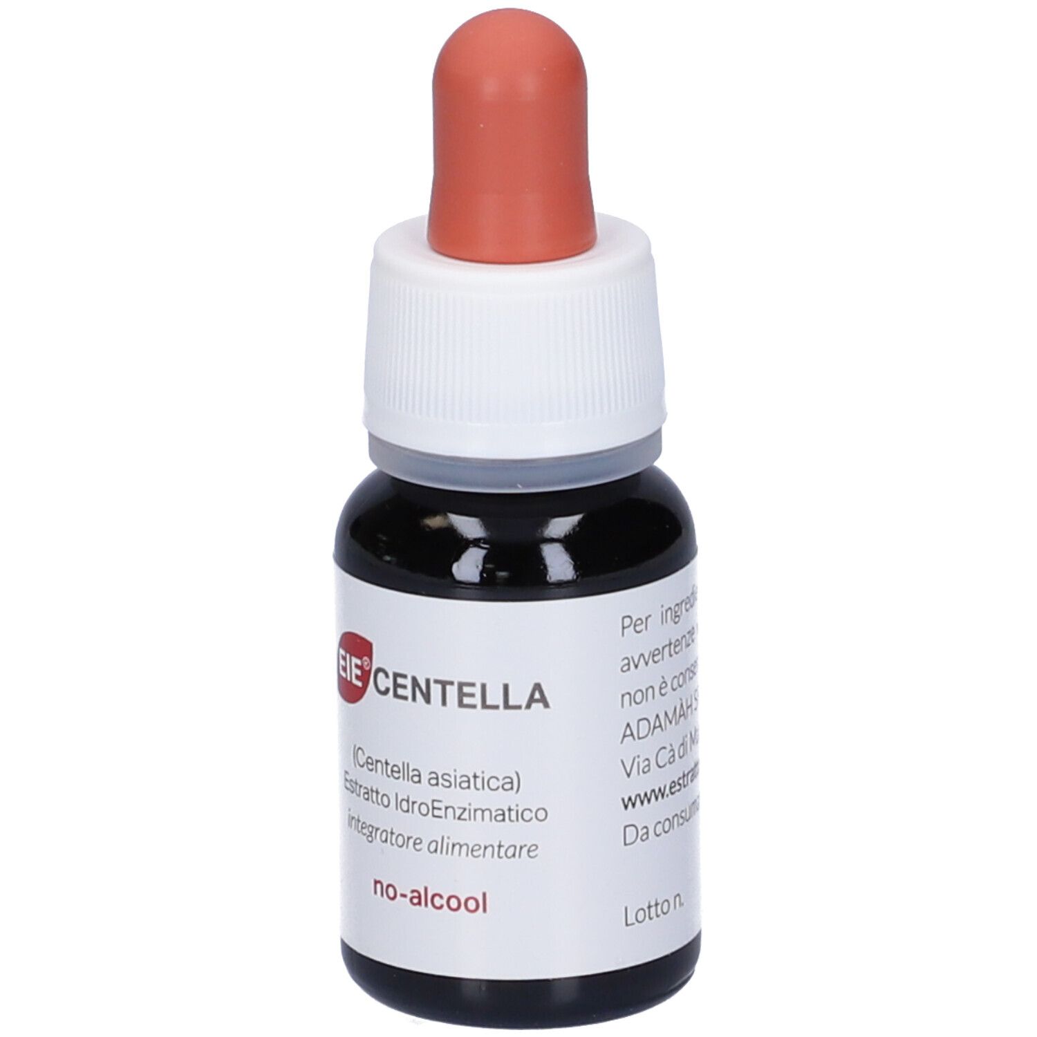 Flacone di vetro marrone con contagocce. Scritto: EIE Centella, (Centella asiatica), no-alcool. 30 ml.