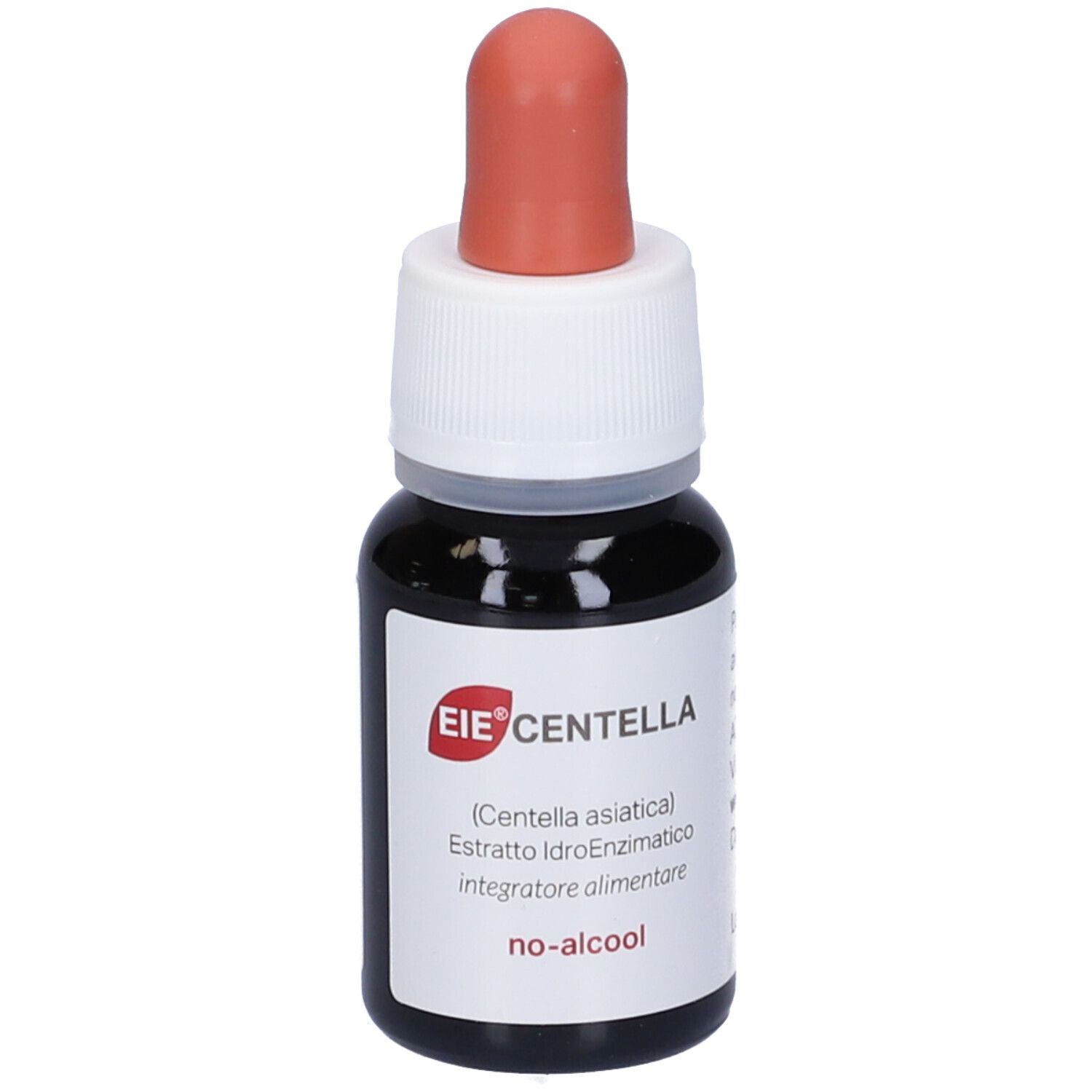 Flacone di vetro marrone con contagocce. Scritto: EIE Centella, (Centella asiatica), no-alcool. 30 ml.