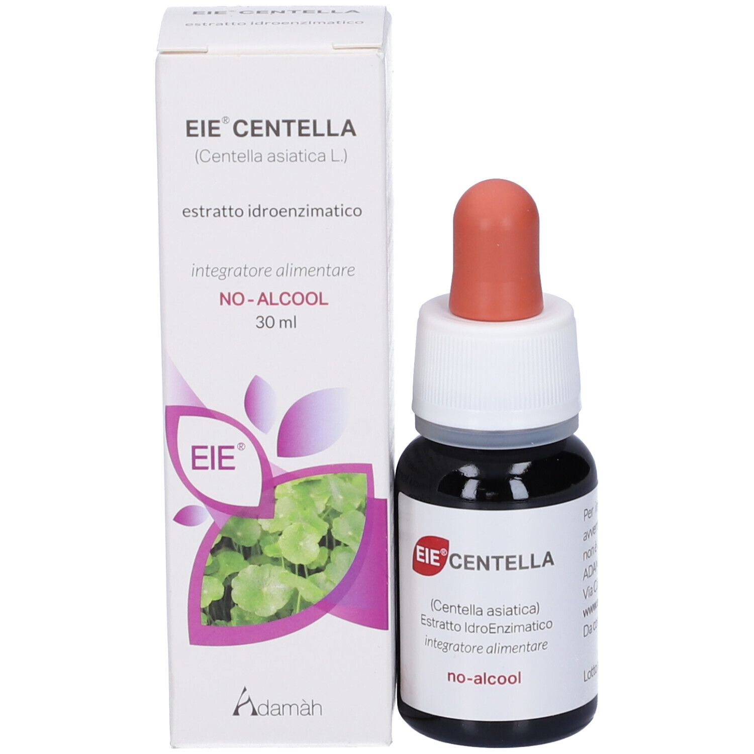 Confezione del prodotto. Flacone di vetro marrone con contagocce e scatola bianca. Scritto: EIE Centella, 30 ml, NO-ALCOOL.