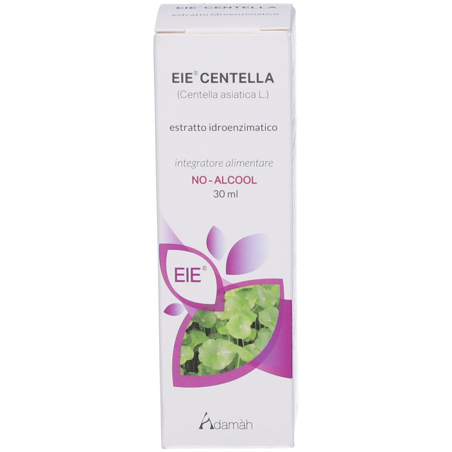 Scatola bianca con informazioni sul prodotto. Scritto: EIE Centella, 30 ml, NO-ALCOOL. Illustrazione di foglie.