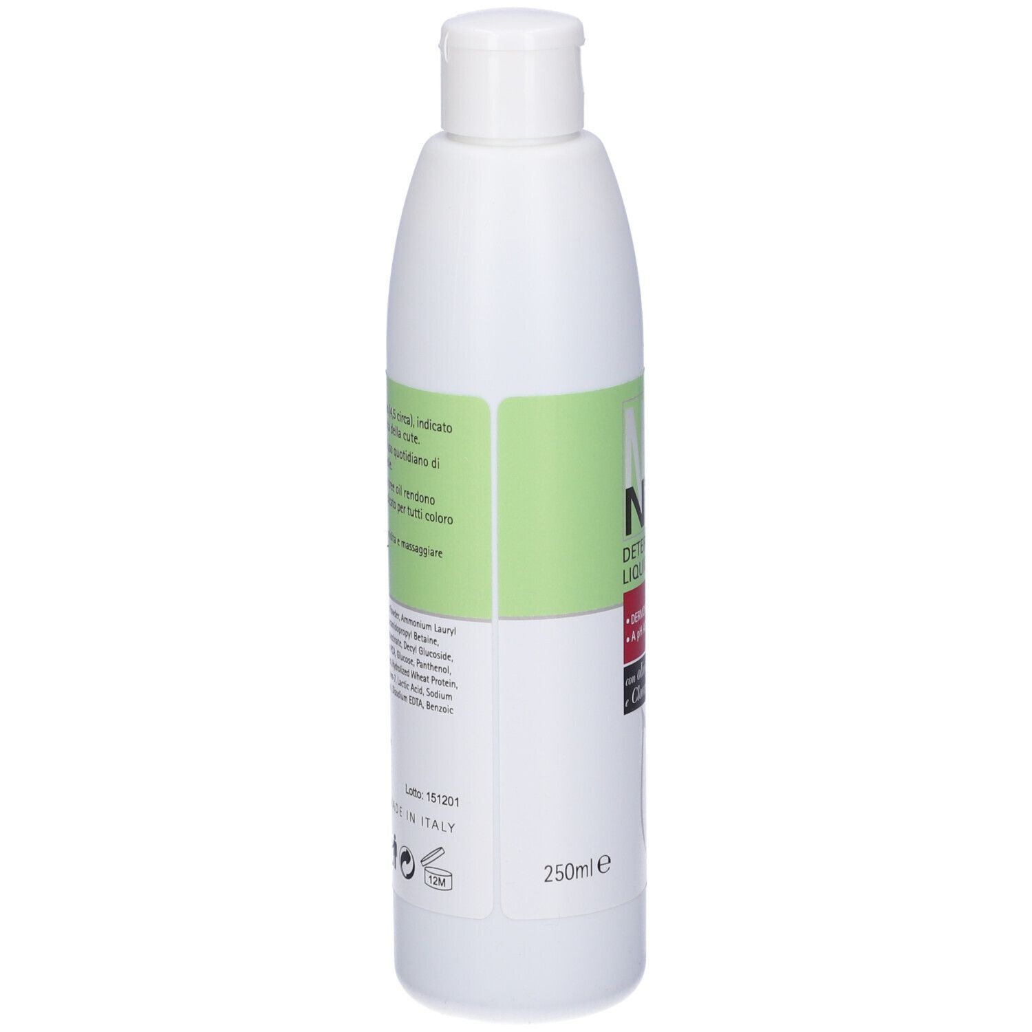 Retro di un flacone bianco con etichetta verde. Testo: NiM Detergente Liquido. Ingredienti e informazioni del produttore. 250ml. Nickel Tested.