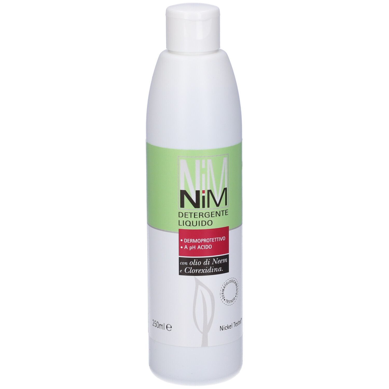 Flacone bianco con etichetta verde e rossa. Scritta: NiM Detergente Liquido. Contiene olio di Neem e Clorexidina. 250ml. Nickel Tested.