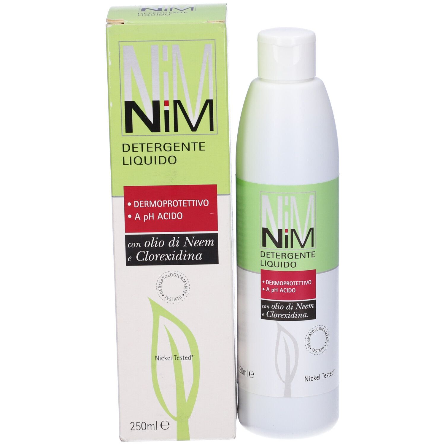 Confezione e flacone del prodotto. Scritta: NiM Detergente Liquido. Contiene olio di Neem e Clorexidina. 250ml. Nickel Tested.
