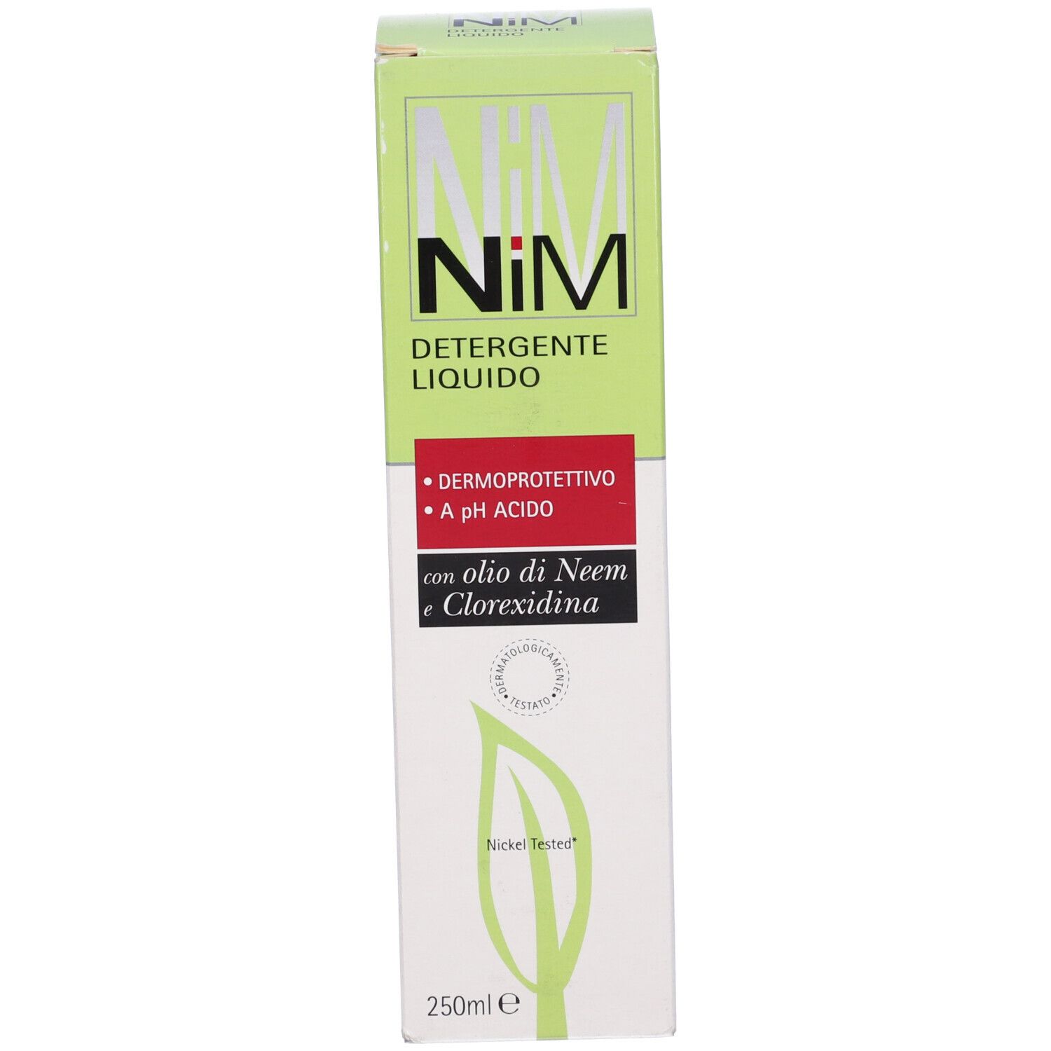Confezione del prodotto. Scritta: NiM Detergente Liquido. Contiene olio di Neem e Clorexidina. 250ml. Nickel Tested.