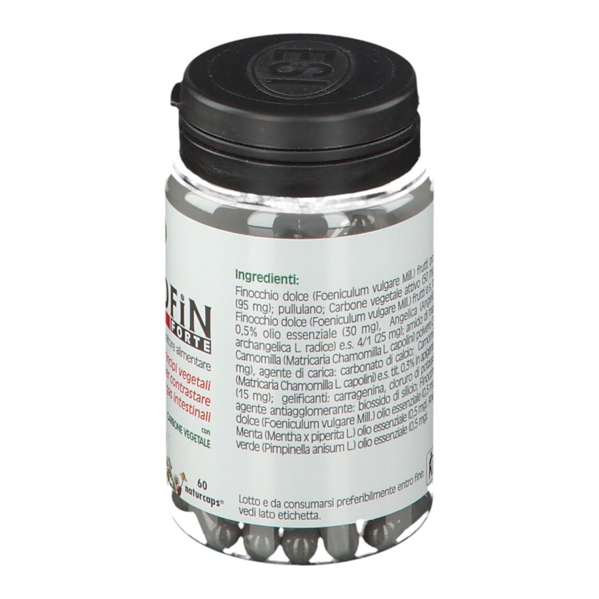 Flacone trasparente con capsule nere. Coperchio nero. Scritta: KARBOFiN Forte, Gas Control. Elenco ingredienti.