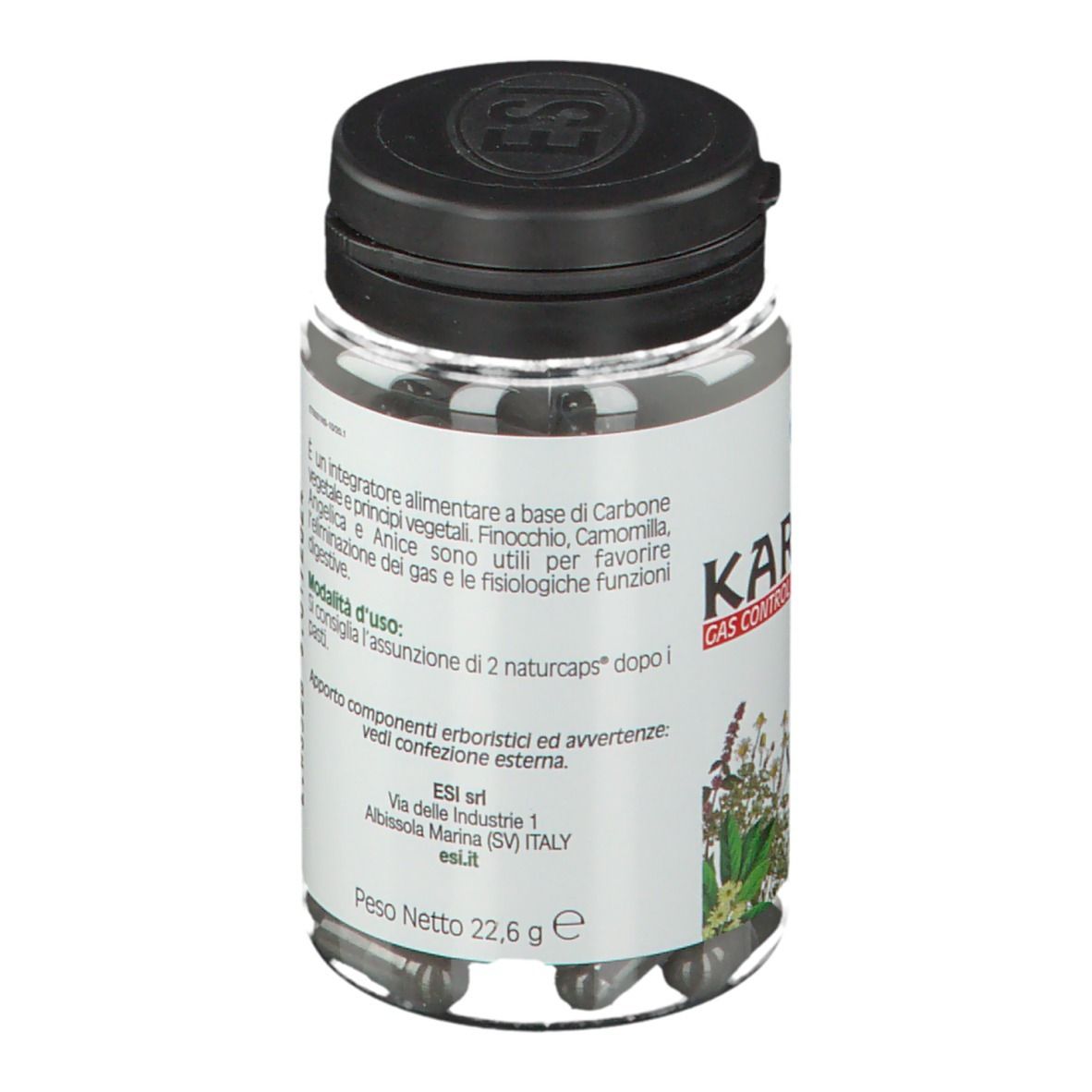 Flacone trasparente con capsule nere. Coperchio nero. Scritta: KARBOFiN Forte, Gas Control. Testo.