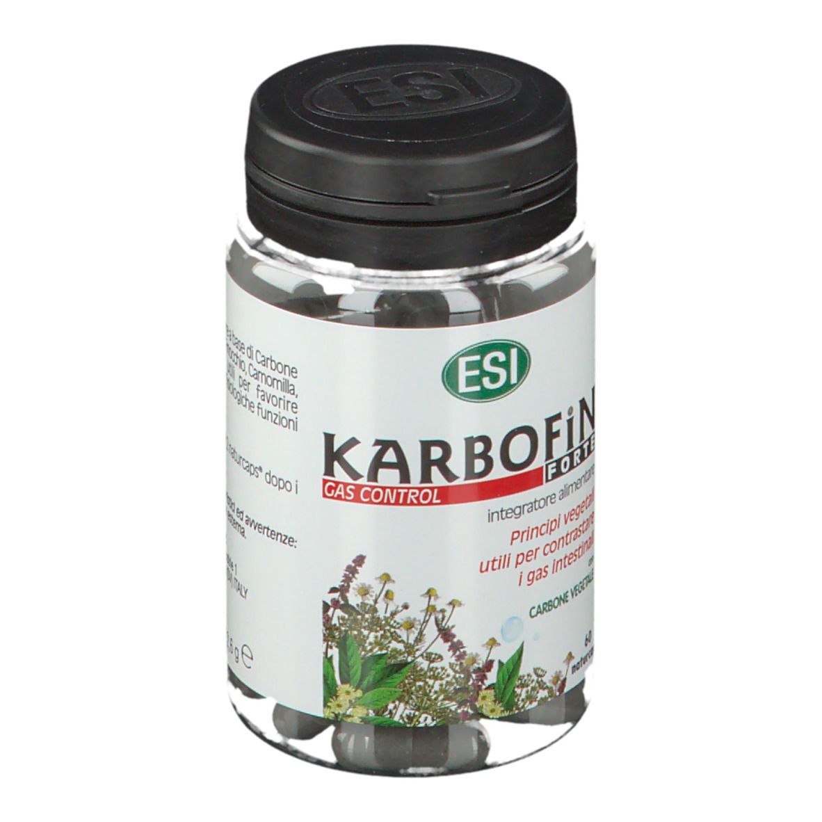 Flacone trasparente con capsule nere. Coperchio nero. Scritta: KARBOFiN Forte, Gas Control.
