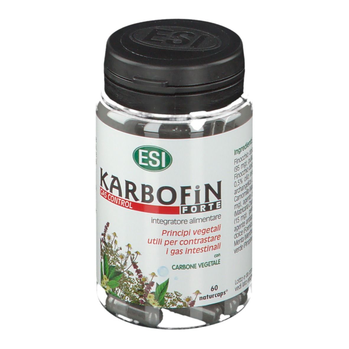 Flacone trasparente con capsule nere. Coperchio nero. Scritta: KARBOFiN Forte, Gas Control.