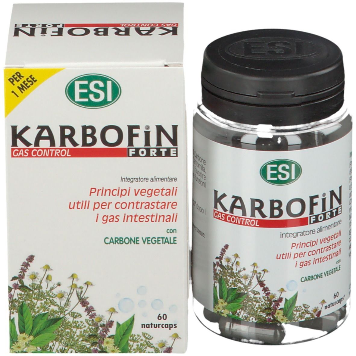 Scatola e flacone con capsule nere. Scritta: KARBOFiN Forte, Gas Control, 60 naturcaps.