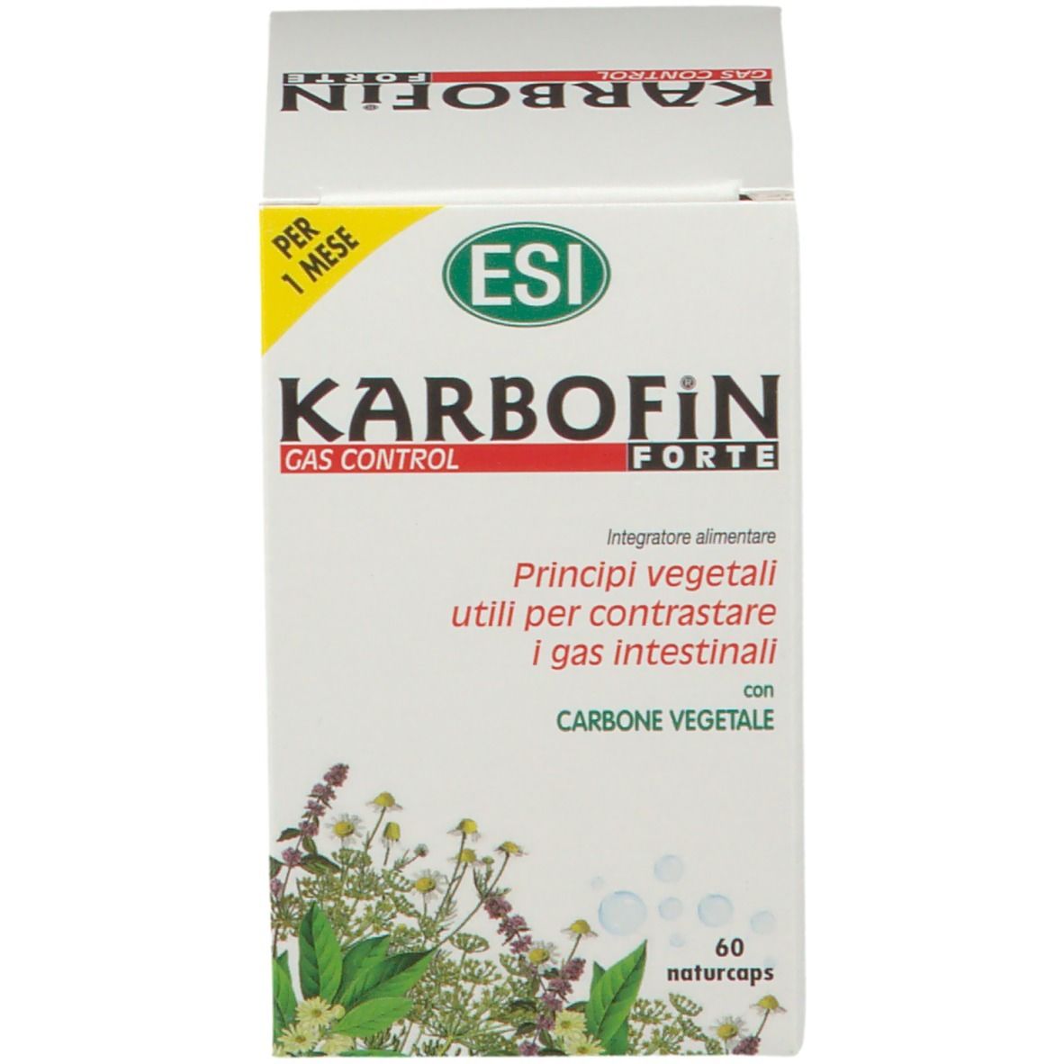 Scatola con scritta: KARBOFiN Forte, Gas Control, 60 naturcaps. Adesivo giallo: Per 1 mese.
