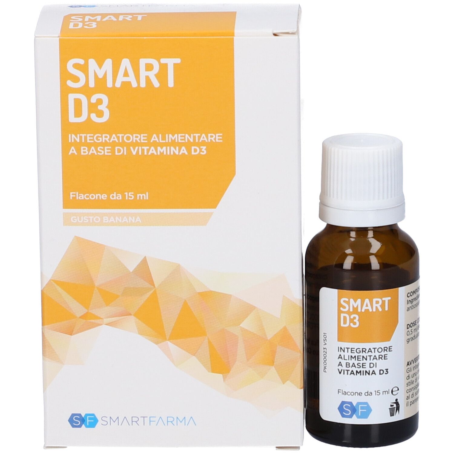 Confezione e flacone. Scatola con SMART D3, Integratore Alimentare a base di Vitamina D3. Flacone da 15 ml.