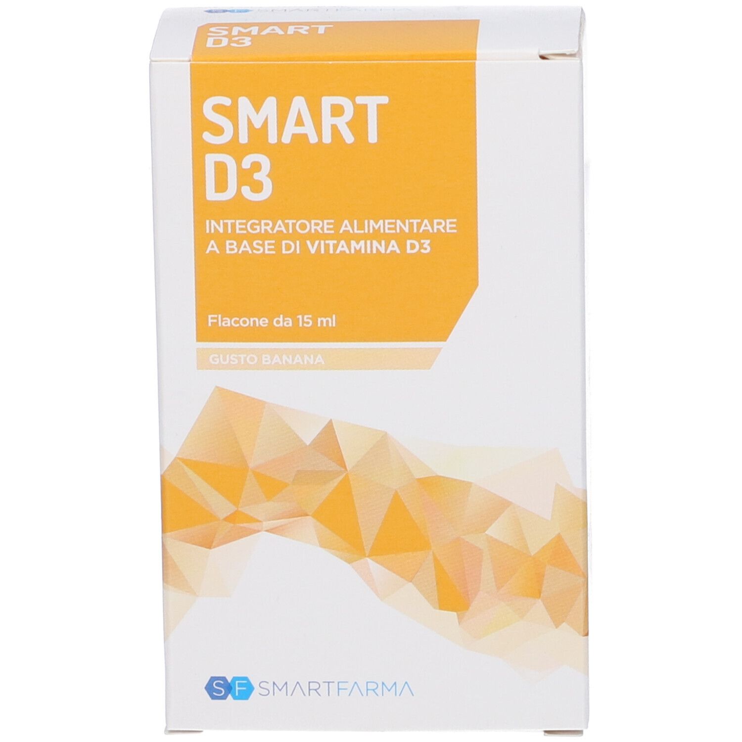 Confezione bianca con accento giallo. Scritta SMART D3, Integratore Alimentare a base di Vitamina D3. Flacone da 15 ml.