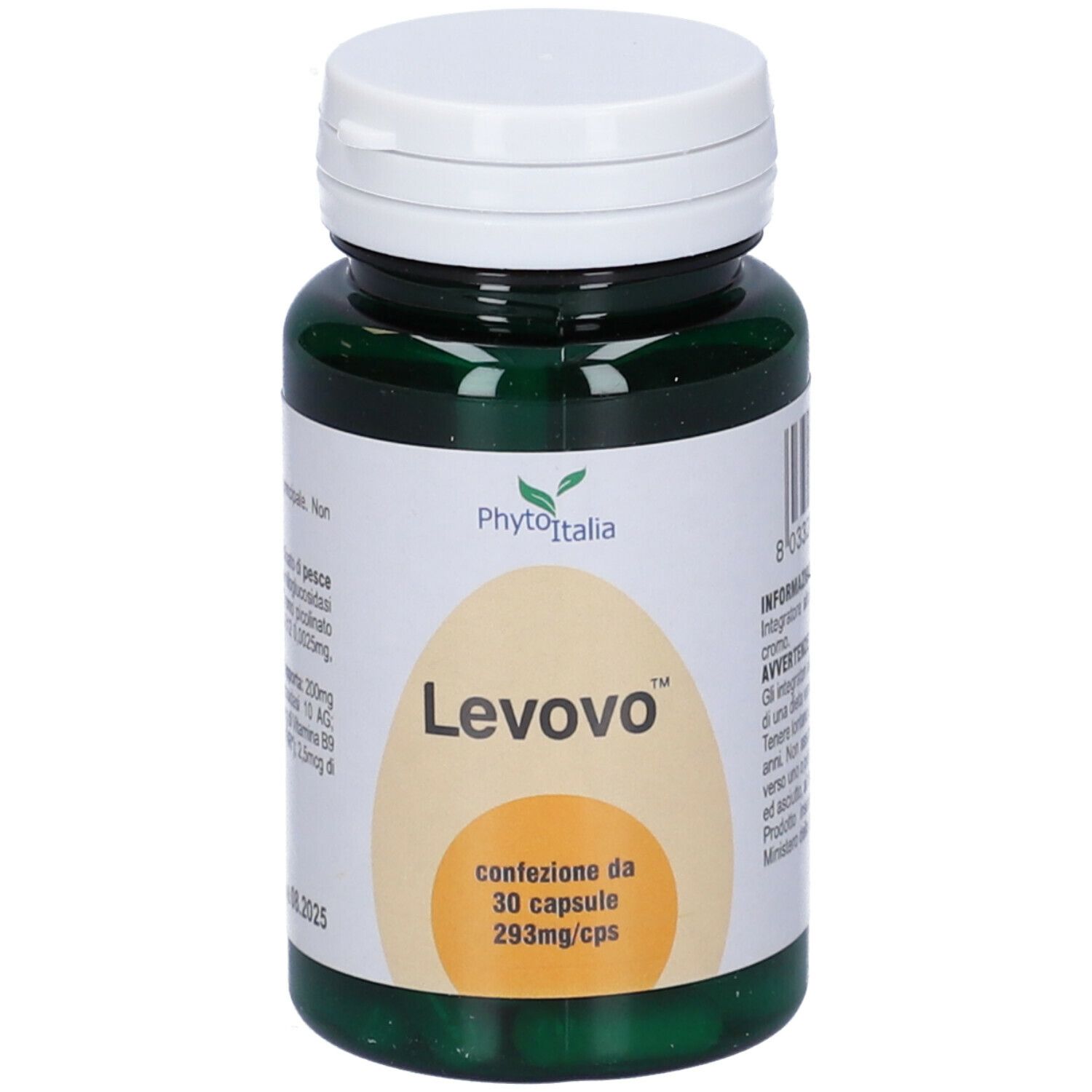 Flacone verde con coperchio bianco. Scritta Levovo, 30 capsule, 293mg/cps. Marchio PhytoItalia.