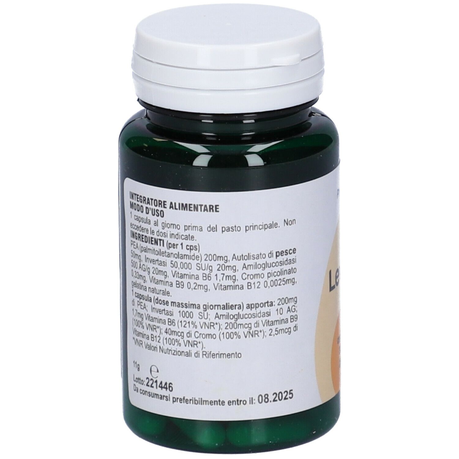 Flacone verde con coperchio bianco. Scritta Levovo, 30 capsule, 293mg/cps. Marchio PhytoItalia.
