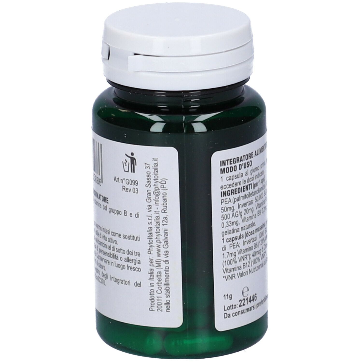 Flacone verde con coperchio bianco. Scritta Levovo, 30 capsule, 293mg/cps. Marchio PhytoItalia.
