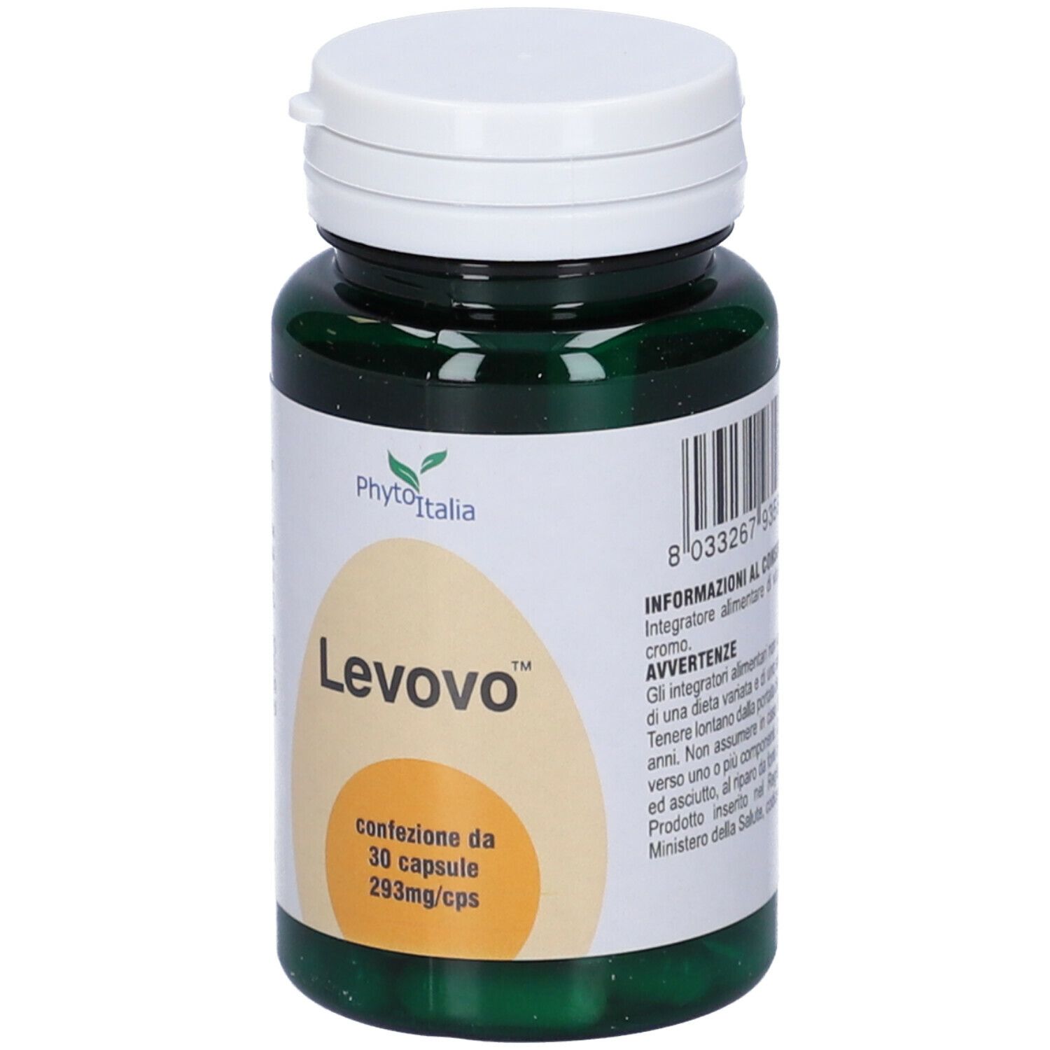 Flacone verde con coperchio bianco. Scritta Levovo, 30 capsule, 293mg/cps. Marchio PhytoItalia.