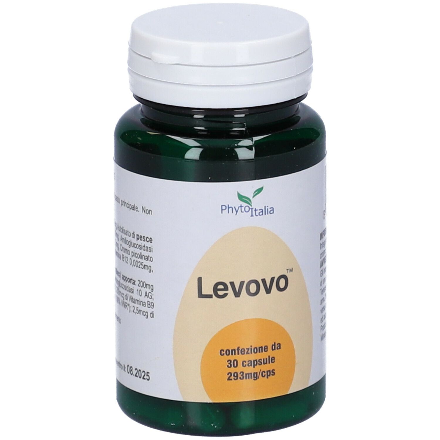 Flacone verde con coperchio bianco. Scritta Levovo, 30 capsule, 293mg/cps. Marchio PhytoItalia.