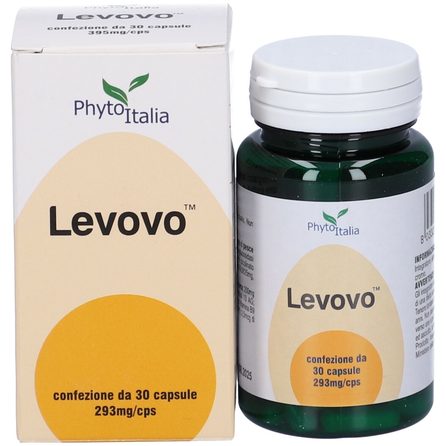 Levovo capsule e confezione. Confezione bianca con accento giallo. Flacone di capsule verde con coperchio bianco.