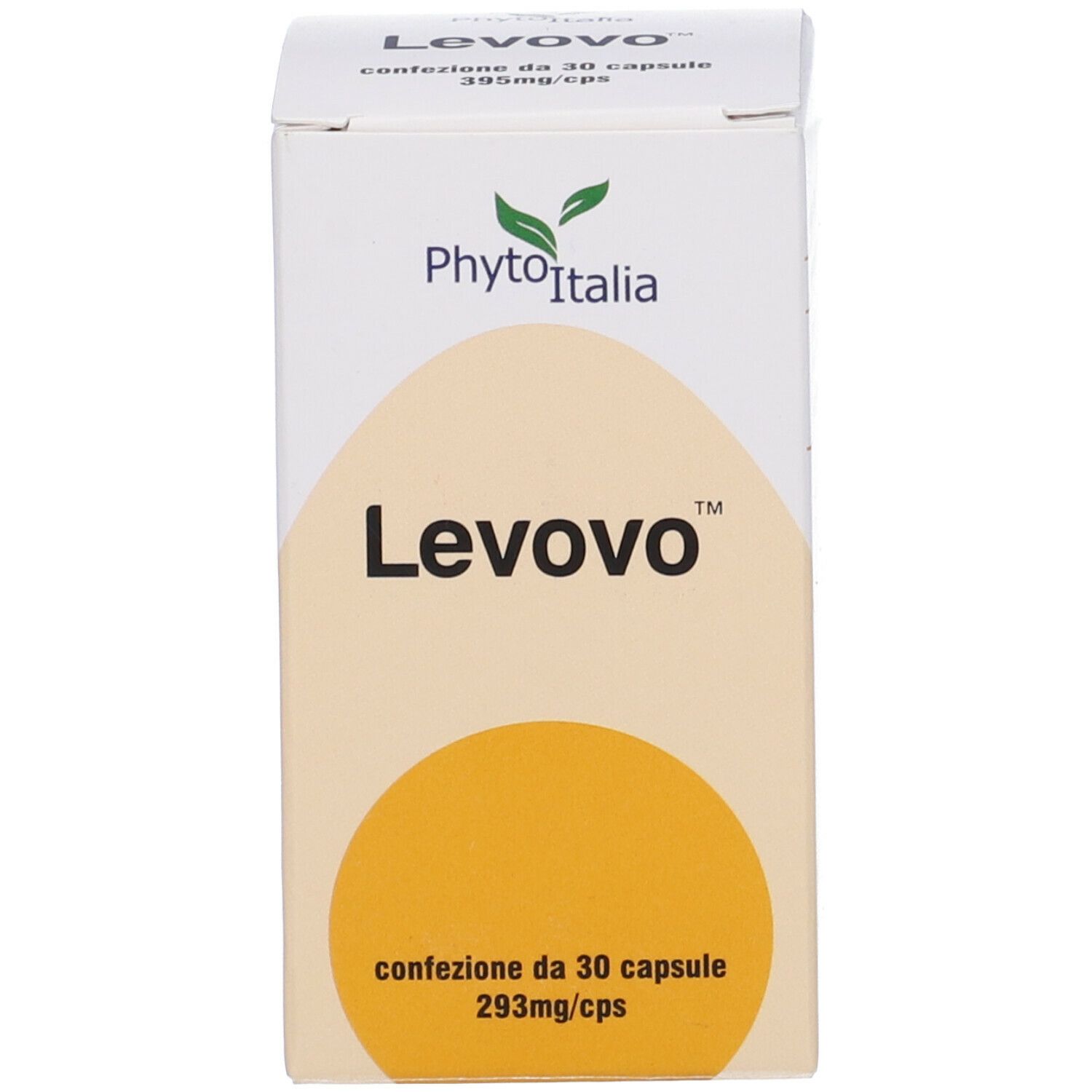 Confezione bianca con accento giallo. Scritta Levovo, 30 capsule, 293mg/cps. Marchio PhytoItalia.