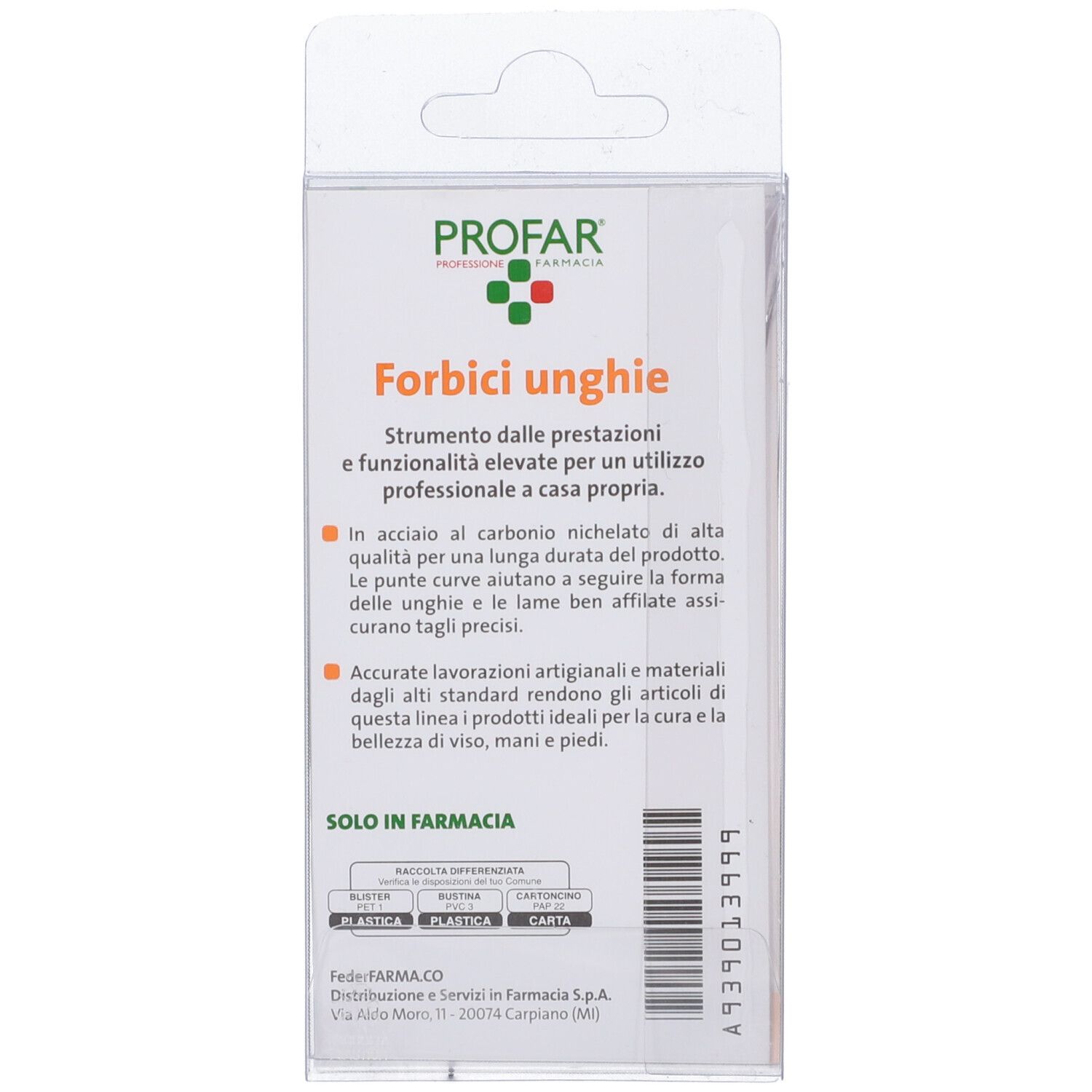 Retro confezione blister. Testo: Profar, Forbici unghie. Descrizione delle caratteristiche. Prodotto in Italia.