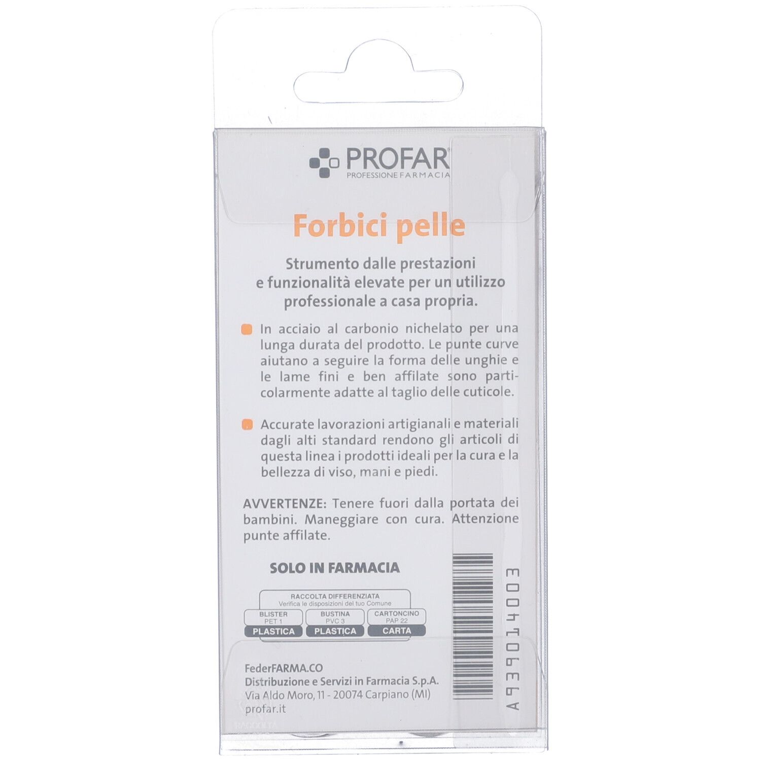 Retro confezione. Testo: PROFAR, Forbici pelle. Informazioni su materiali e utilizzo.