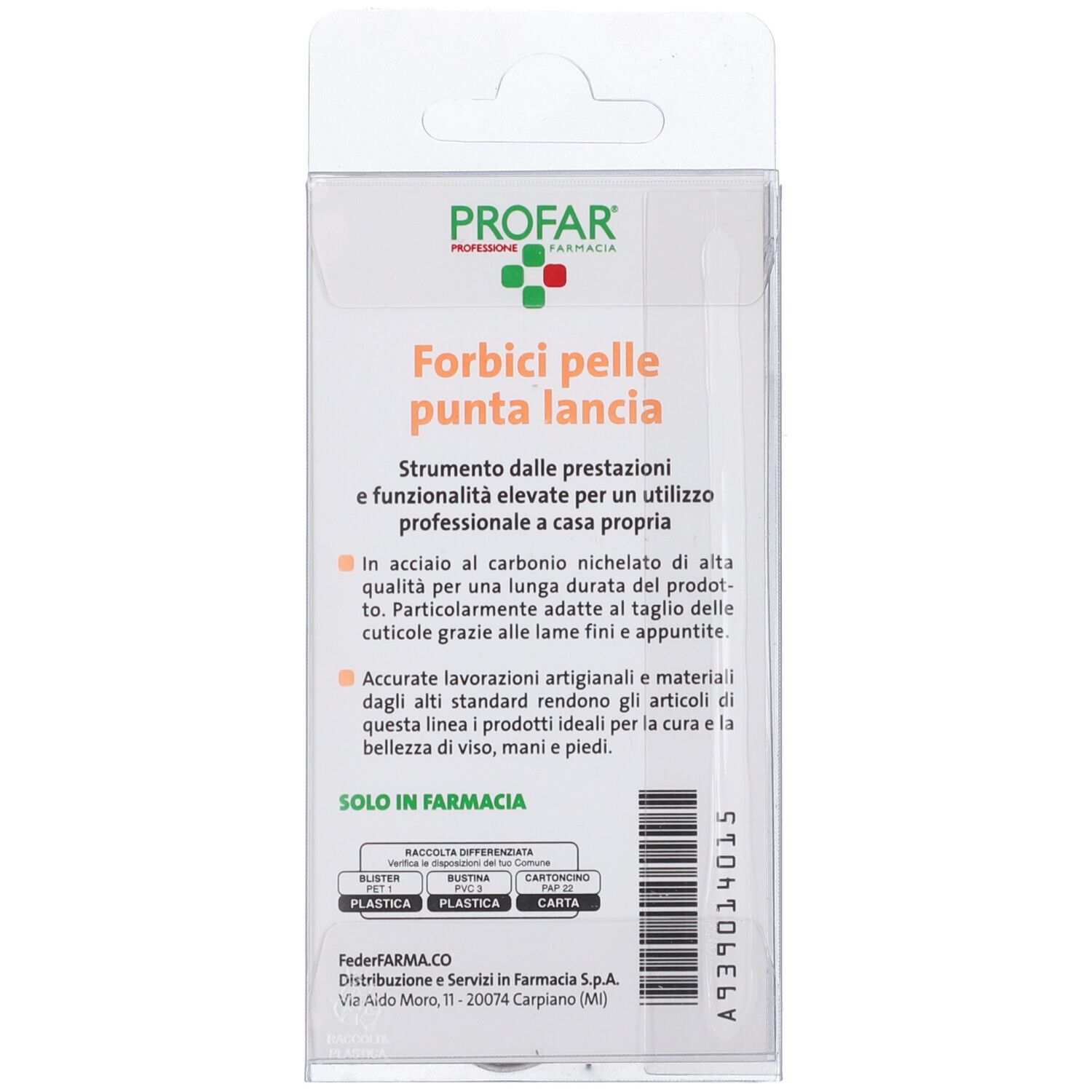 Retro della confezione. Marchio PROFAR. Testo: "Forbici pelli punta lancia". Informazioni sul prodotto e sulla fabbricazione.