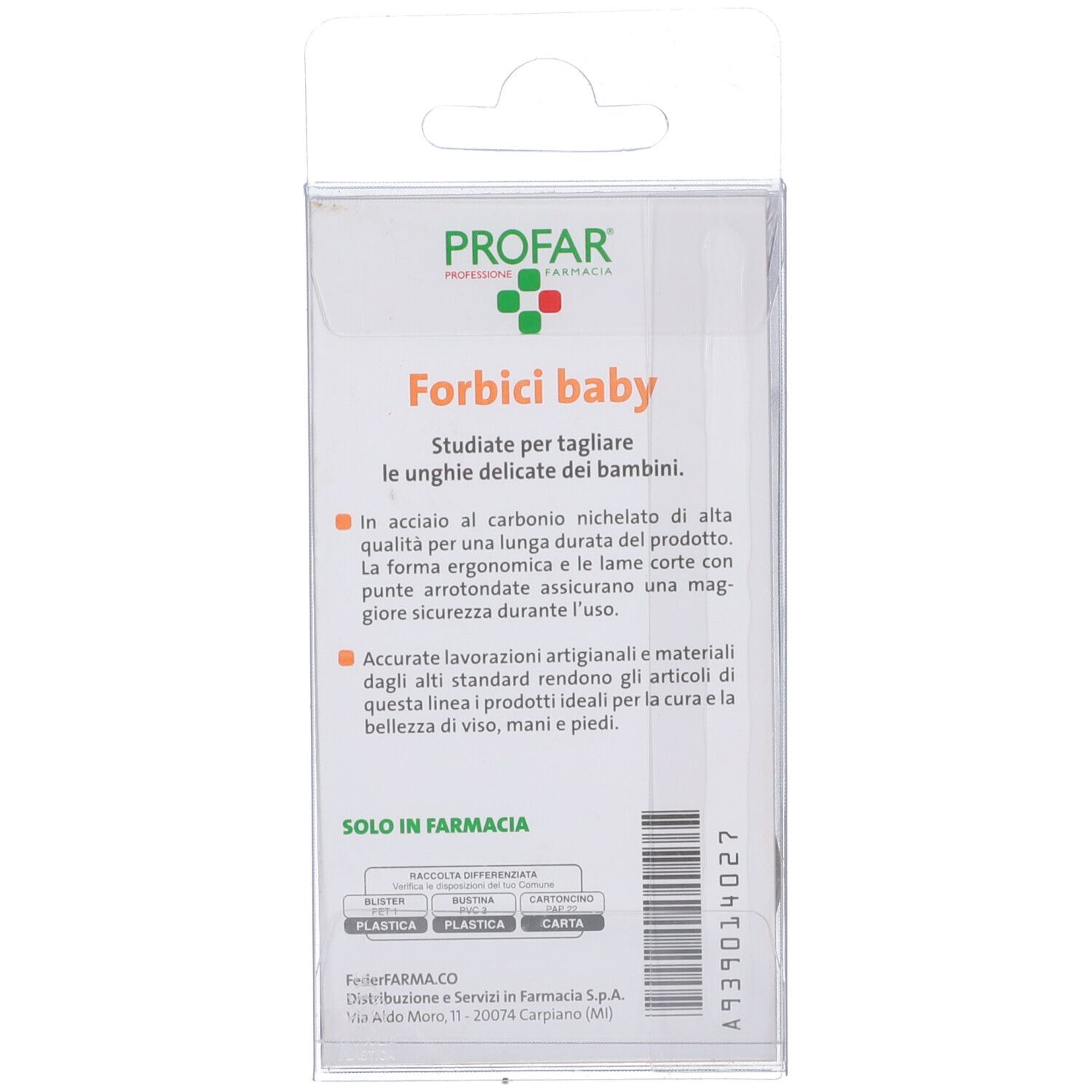 Retro della confezione. Testo: Forbici baby. Descrizione delle forbici. Marchio: Profar. Codice a barre e informazioni sul produttore.