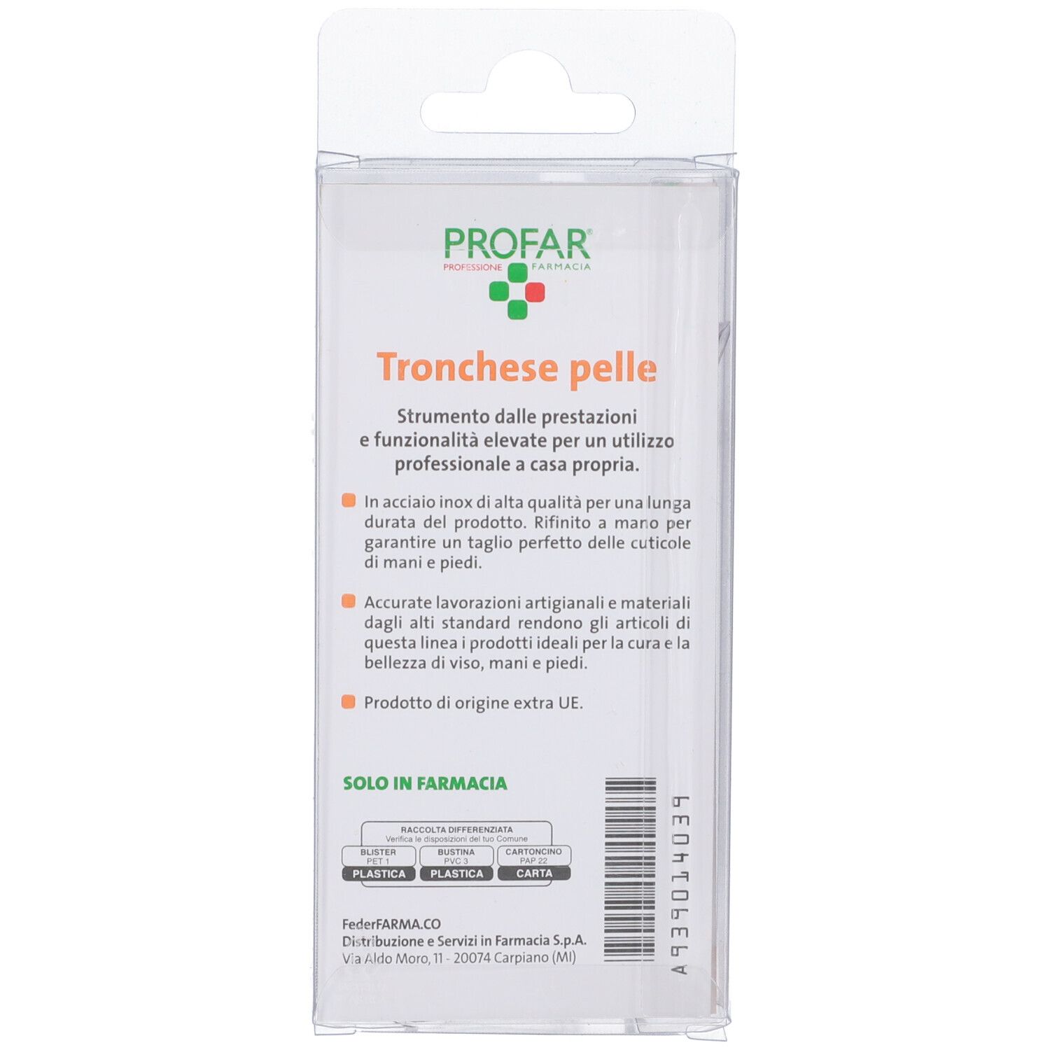 Retro della confezione blister. Testo: Tronchese pelle. Informazioni sul prodotto e produttore.