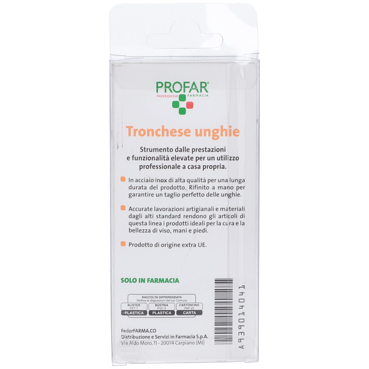 Retro confezione blister. Testo: Tronchese unghie. Logo PROFAR. Testo in lingua italiana.