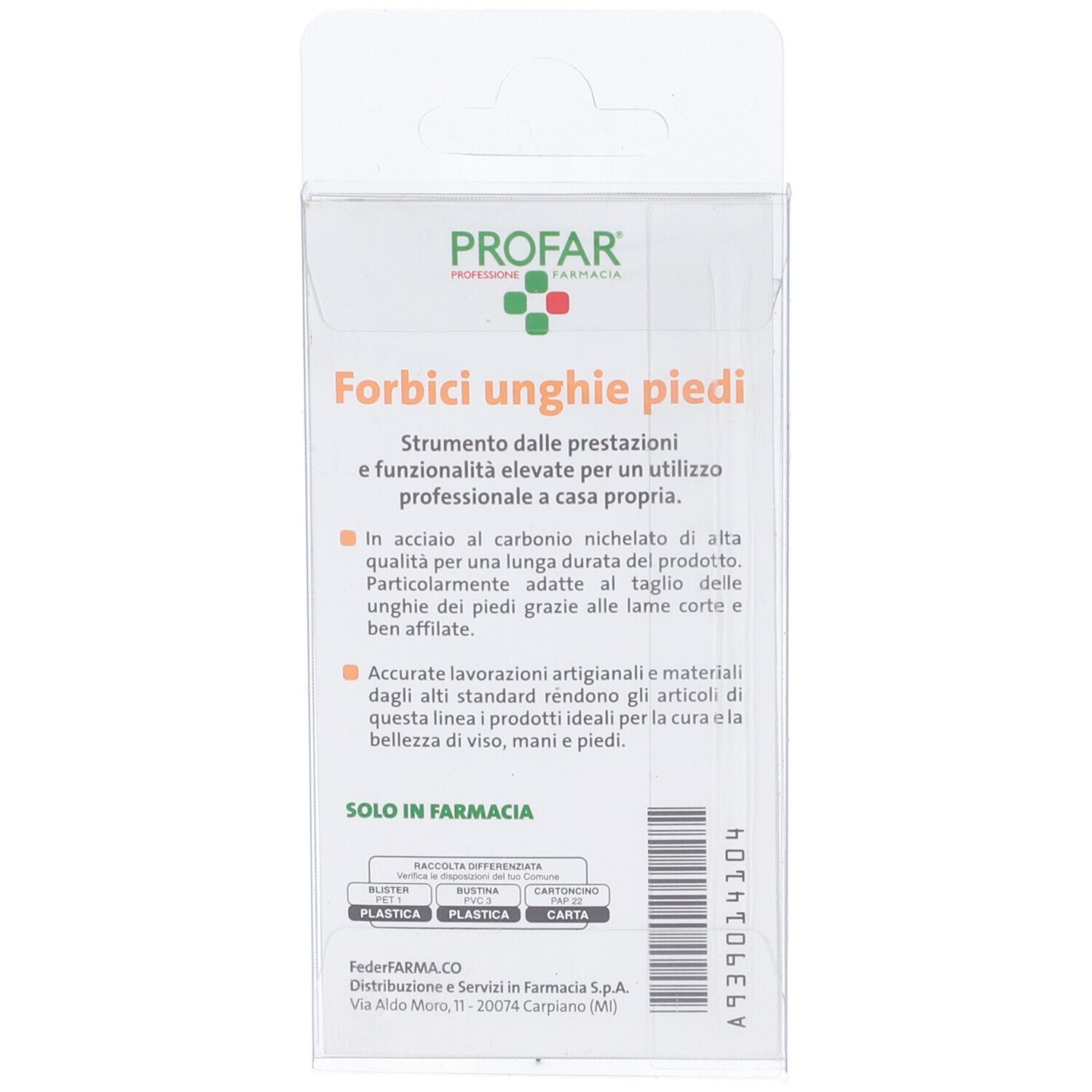 Retro della confezione blister. Testo: "Forbici unghie piedi". Marchio PROFAR. Testo in italiano. Indicazioni di riciclo.