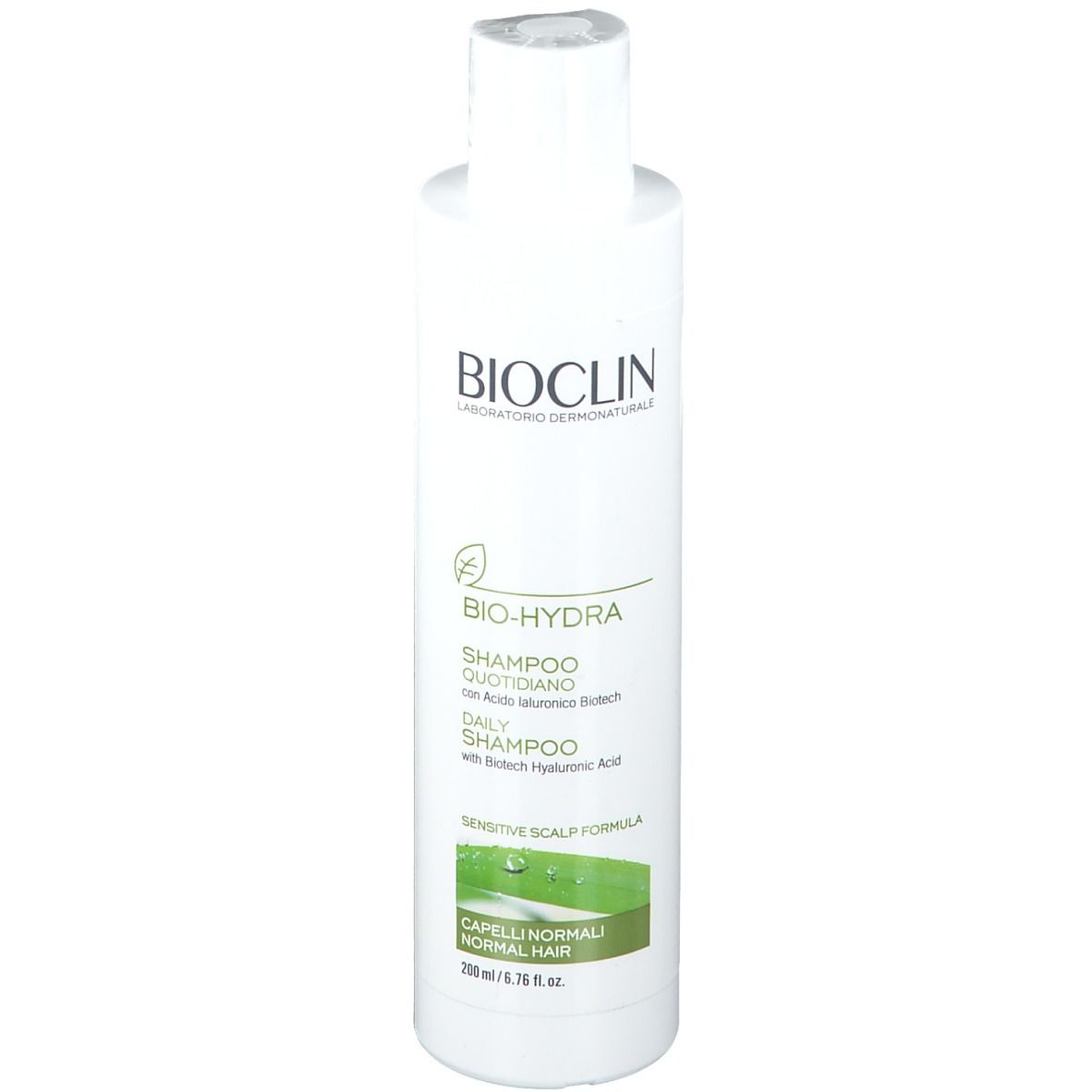 Flacone di shampoo bianco con logo BIOCLIN ed etichetta BIO-HYDRA. Testo: Shampoo quotidiano, Daily Shampoo, Capelli normali.