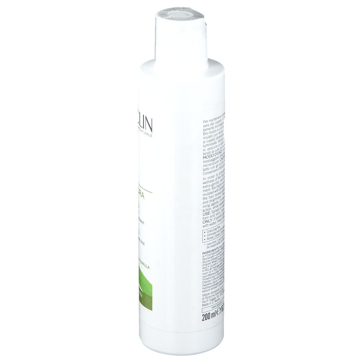 Flacone di shampoo bianco, vista laterale. Testo e informazioni sull'etichetta. Logo BIOCLIN visibile.